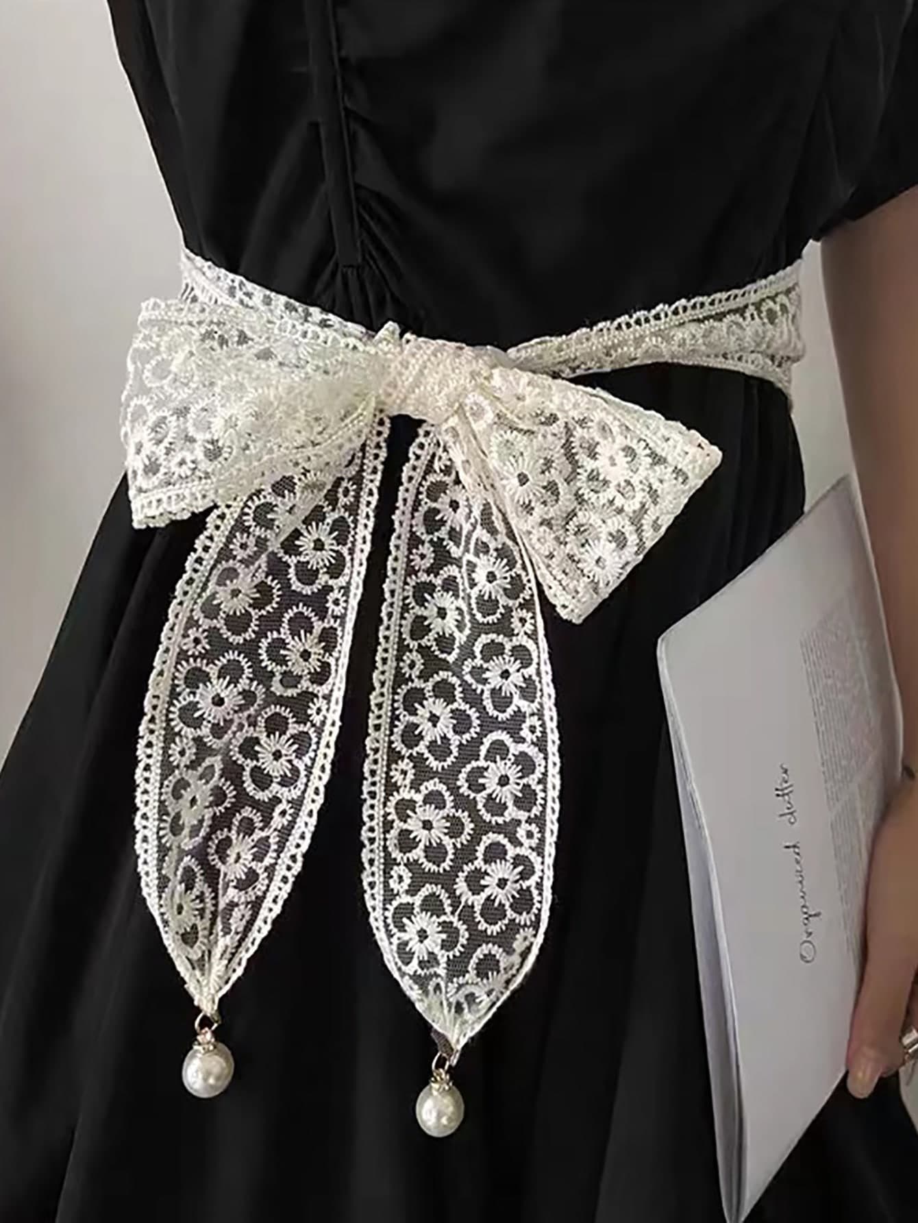 1pc Lace Embroidery Waist Rope Elegant Pearl Decor Adjustable Waist Belt, Versatile For Wrapping Hair, Bag Accessories, Daily Use Summer, School Fall, Autumn, Halloween