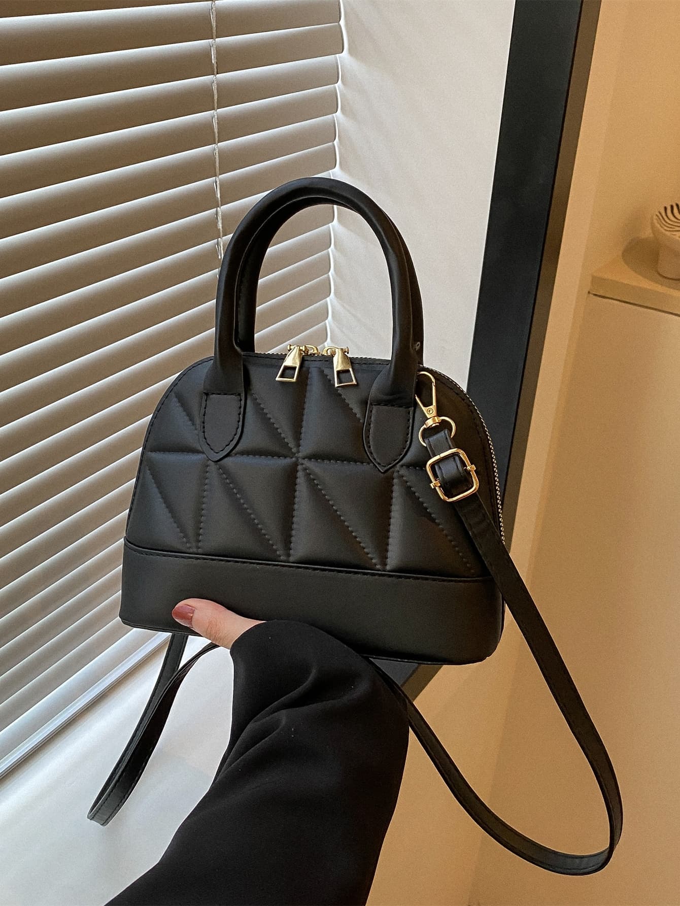 DAZY Quilted Double Handle Dome Bag Simple Design Zipper Shoulder Bag, Solid Color PU Leather Crossbody Bag, Portable Top Handle Handbag , Old Money,Business Professional Women