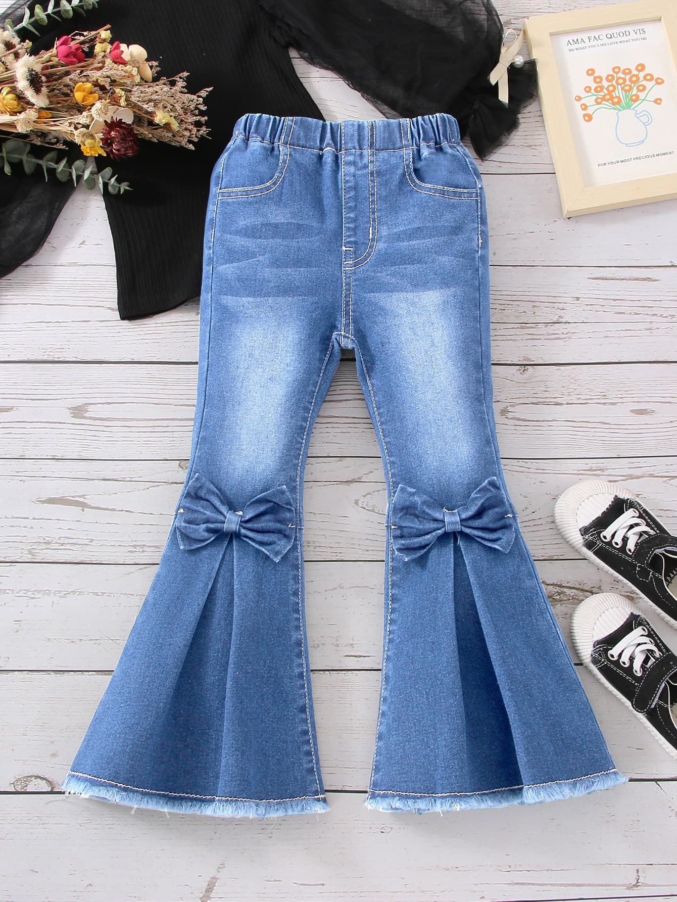 SHEIN Young Girl Bow Front Fold Pleated Raw Hem Flare Leg Jeans Summer Holiday