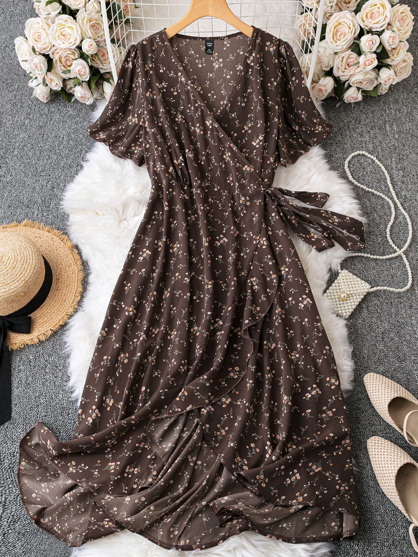 DreamSkyne Plus Ditsy Floral Print Butterfly Sleeve Knot Side Ruffle Trim Wrap Dress Maxi Women Outfit