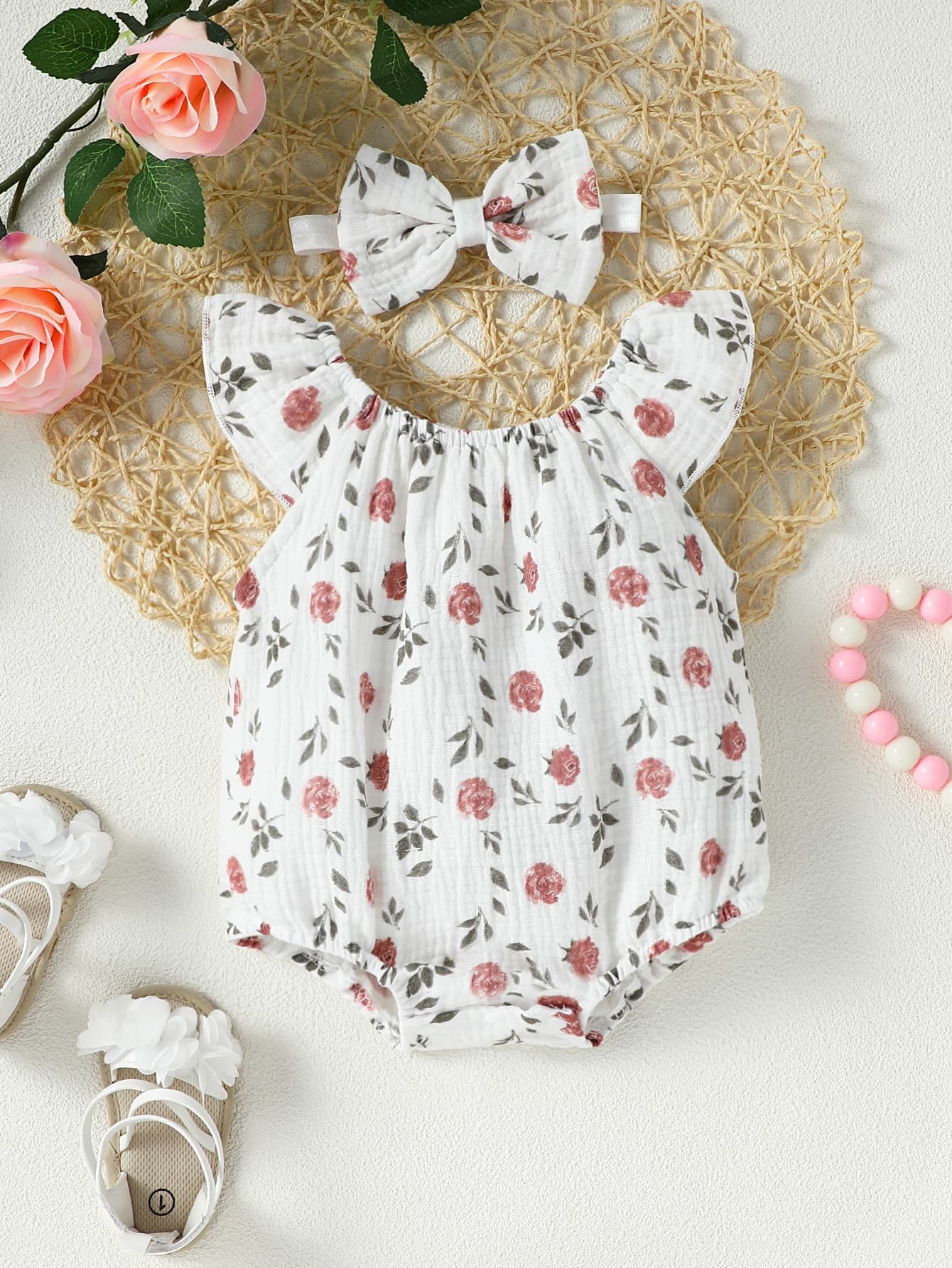 SHEIN Vintaside Kids Baby Girl Scoop Neck Bodysuit With Accessory Headband