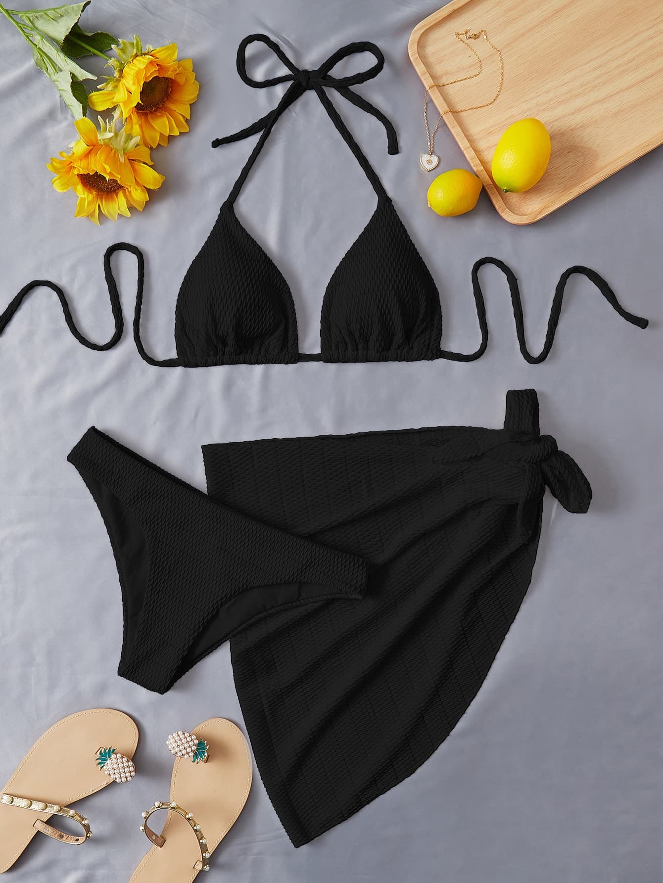 Swim Vcay Summer Beach Plain Halter Triangle Bikini Set With Beach Skirt