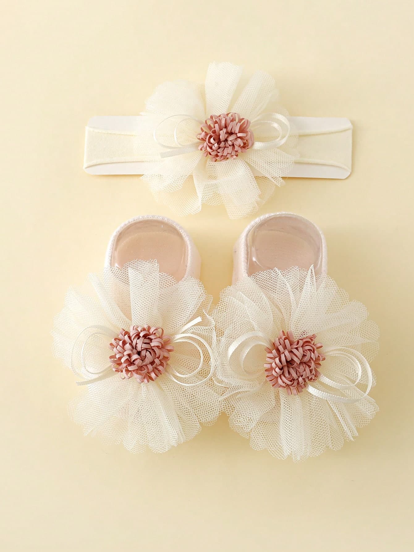 1pair Baby Girl Floral Decor Socks & 1pc Hair Band