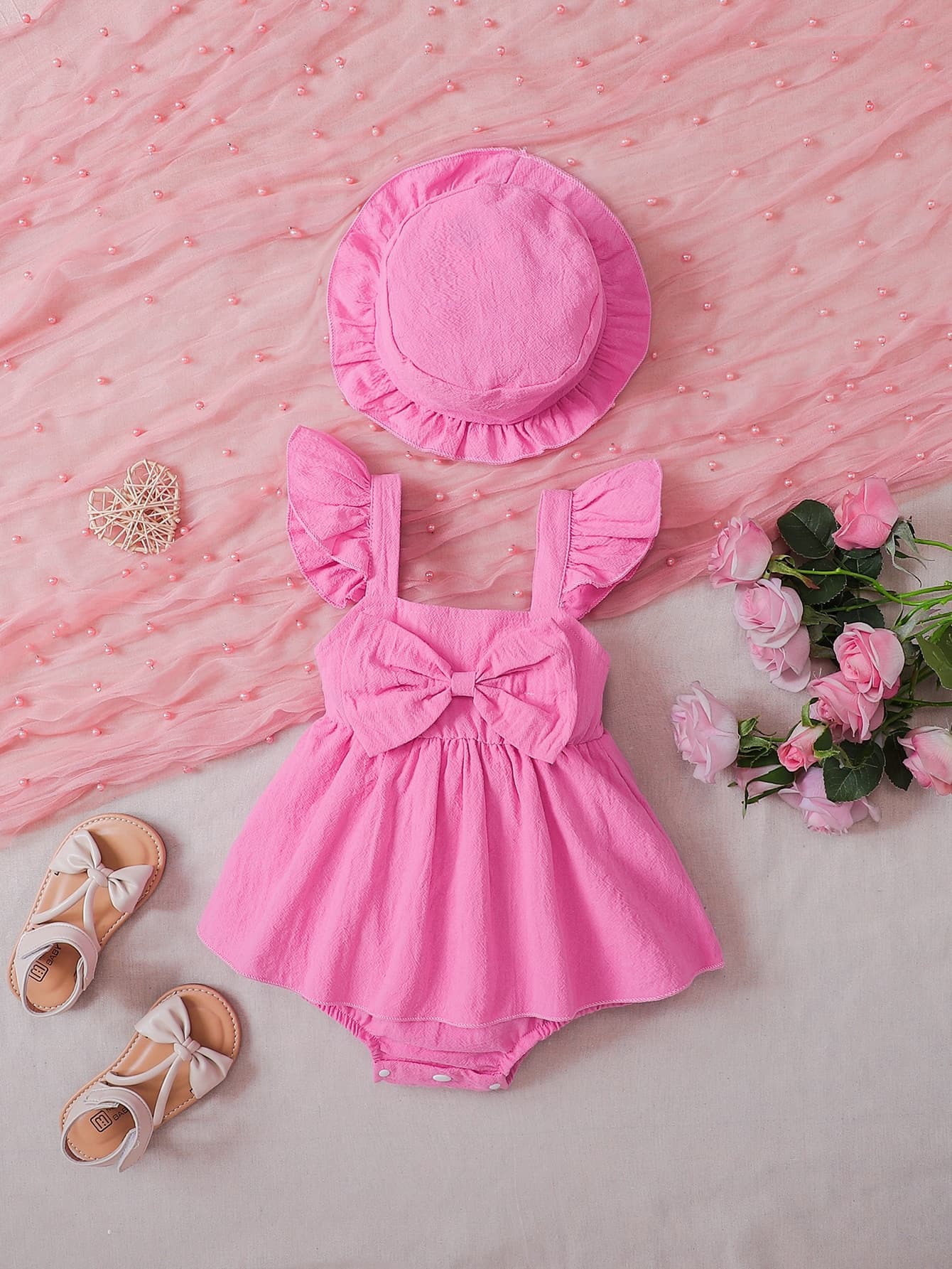 SHEIN Baby Girl Ruffle Trim Bow Front Combo Bodysuit Dress With Hat