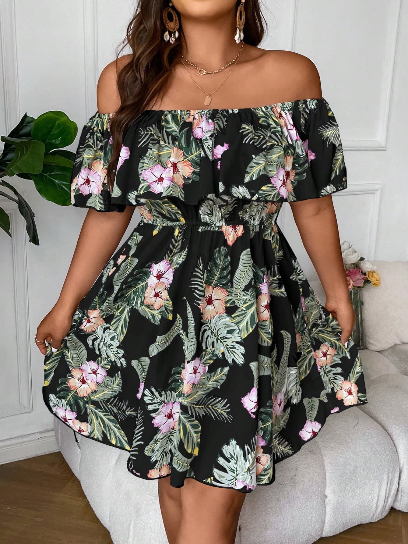 Vionelle Plus Tropical Print Off Shoulder Ruffle Trim Summer Boho Dress