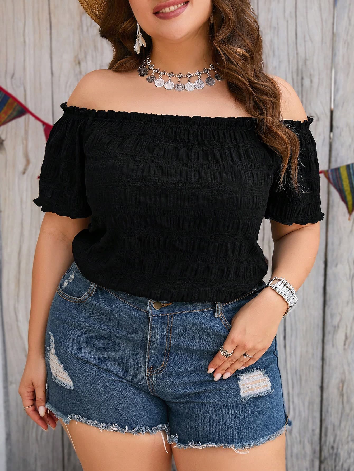Reflora Plus Off Shoulder Frill Trim Crinkle Blouse Office Attire For Women, Vacation Holiday Summer Elegant Blouse