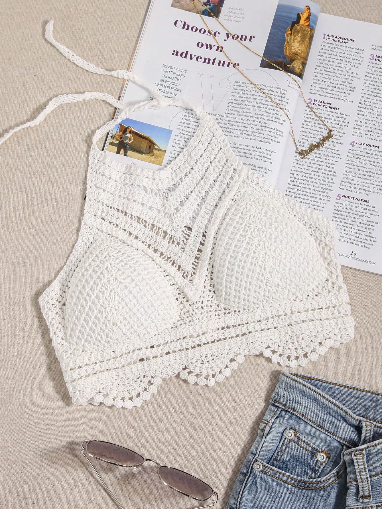 SHEIN Franclia Tie Backless Halter Neck Crochet Bikini Top,Summer Beach
