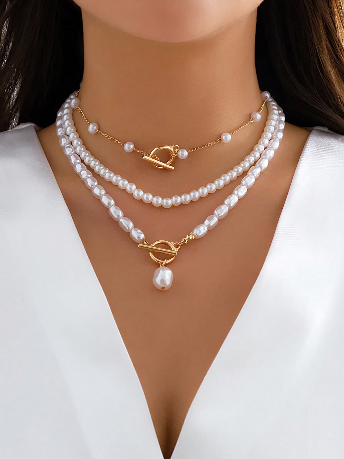 3pcs Vintage Asymmetrical Faux Pearl Pendant Geometric Hollow Out Beaded Necklace Set For Casual & Holiday Attire Elegant Women's Charms Jewelry