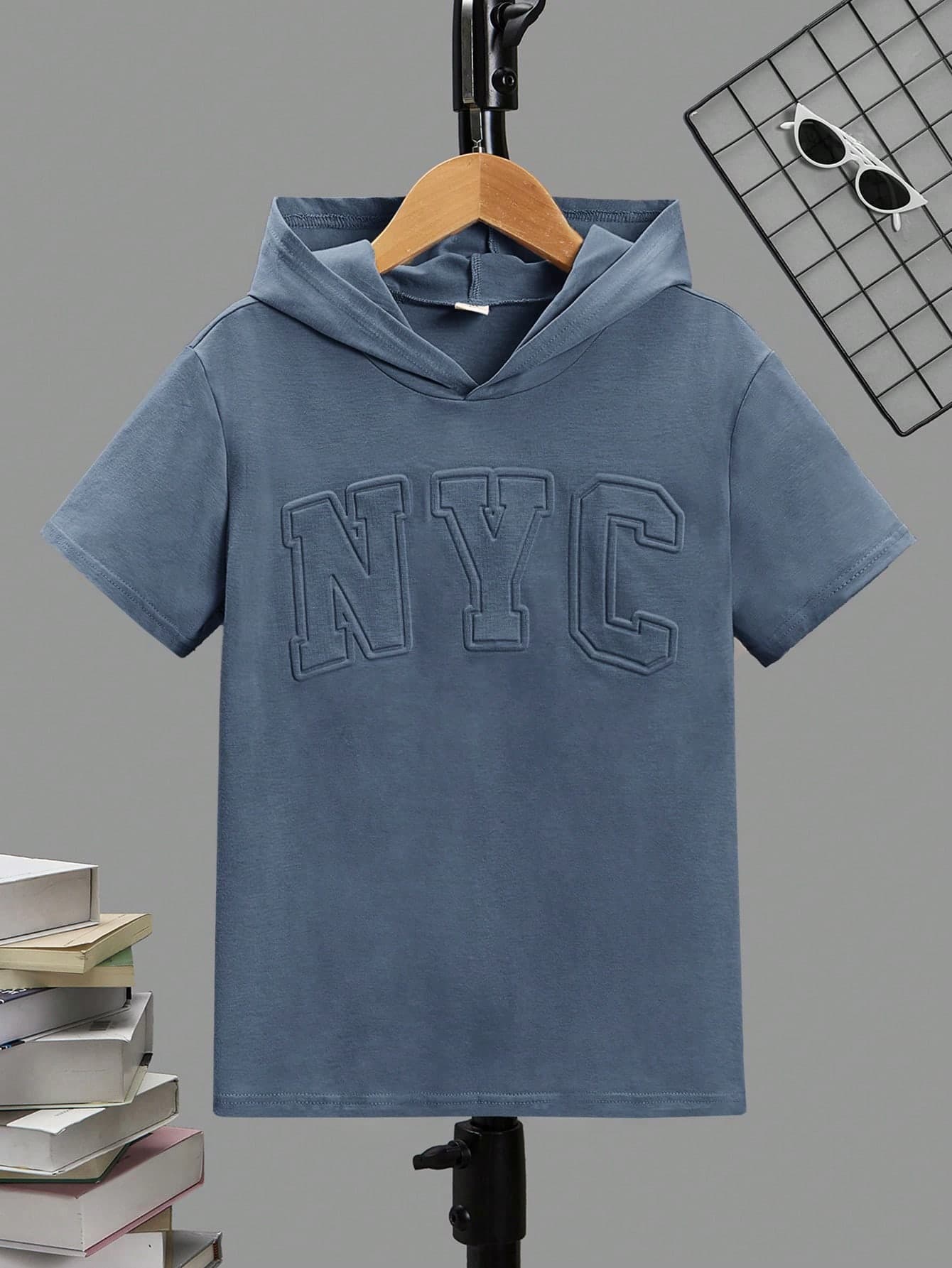 SHEIN Tween Boy Letter Embossed Casual Versatile Daily Wear Short Sleeve Hoodie T-Shirt,Kids