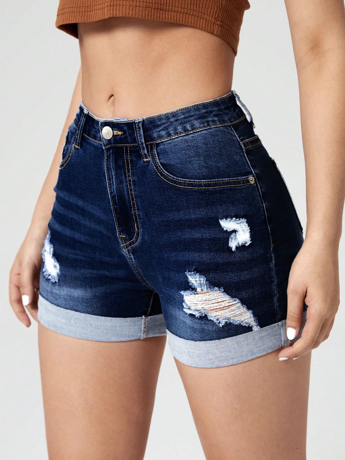 SHEIN EZwear Ripped Roll Up Hem Denim Shorts