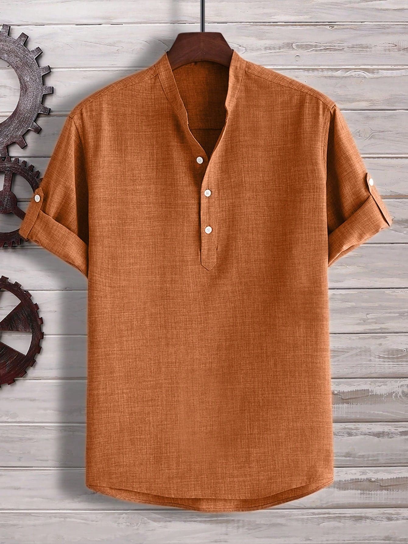 Manfinity Homme Men Half Button Roll Up Sleeve Shirt, Rust Color Men Shirt, Big And Tall Men's Henley Shirts, Men Brown Tops, Formal