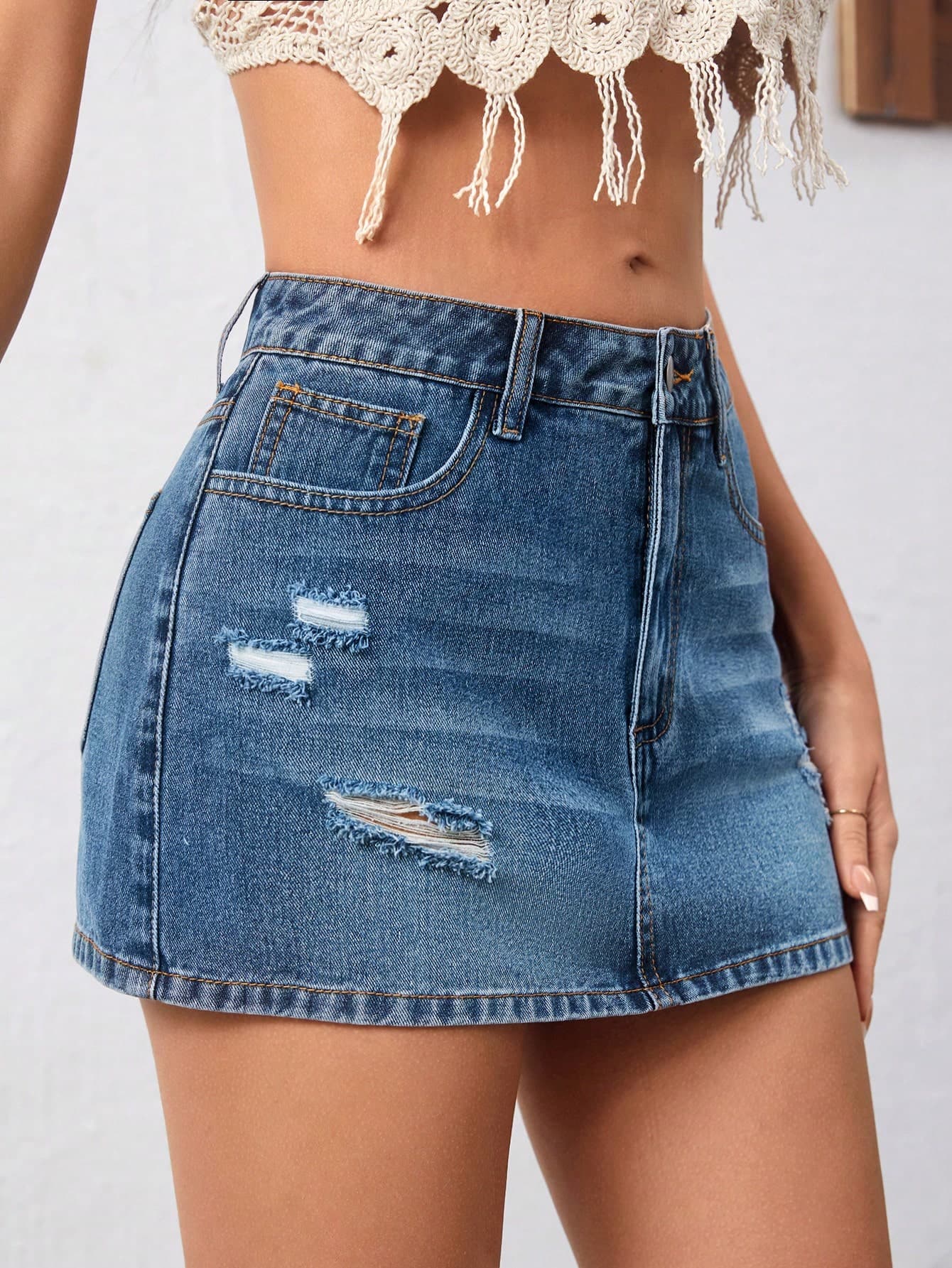 SHEIN Frenchy Ripped Denim Skirt Summer Casual