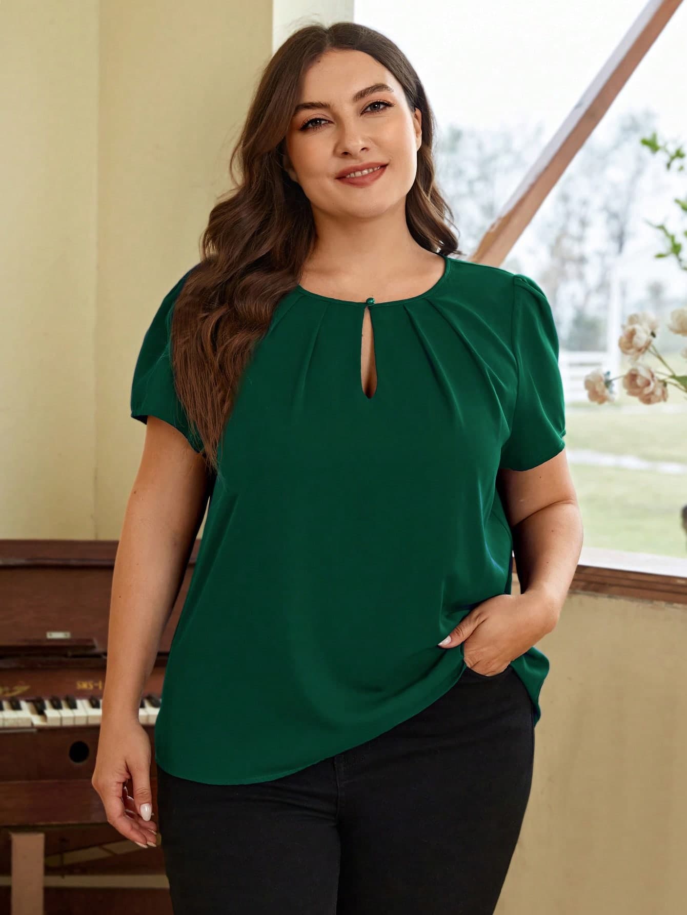 SHEIN Clasi Plus Keyhole Neck Puff Sleeve Fold Pleated Front Top