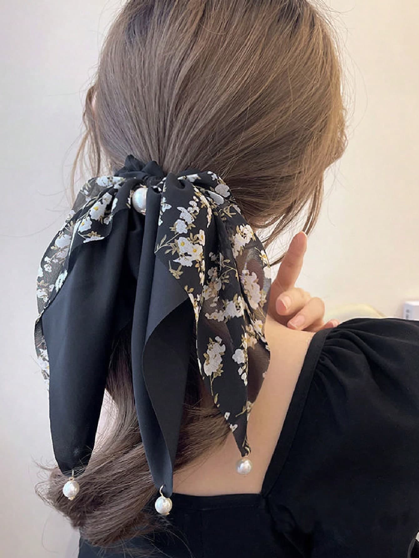 1pc Women Floral Print Faux Pearl Decor Fashion Scarf Hair Tie For Hair Decoration Elegant Scrunchies Hair Ties Ponytail Head Accessories Elastic Band Beauty Home Hair Accessories Hair Rubber Bands