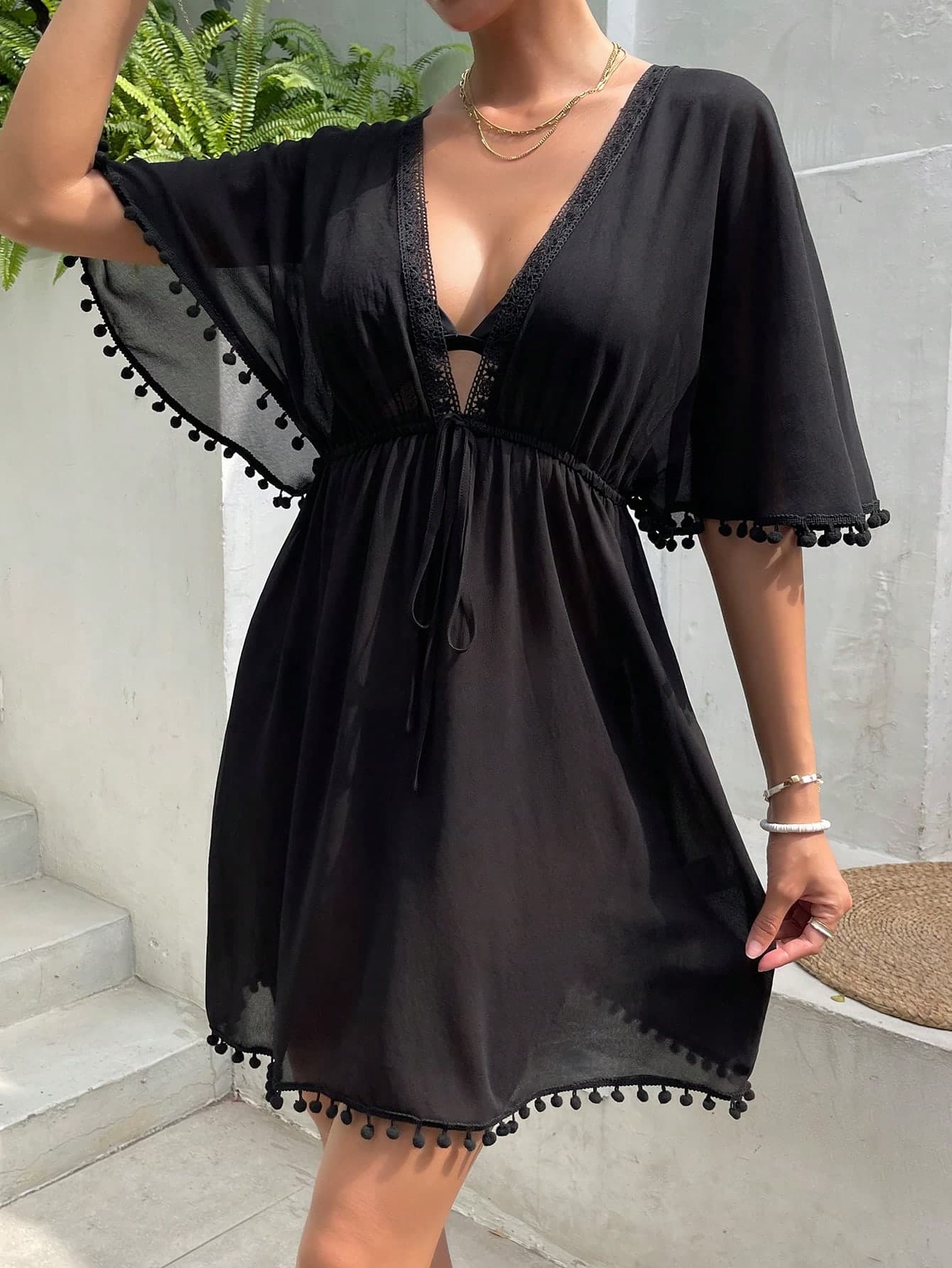 Swim Vcay Pom Pom Trim Tie Front Cover Up Swimsuit Cover Up Dress,Summer Beach