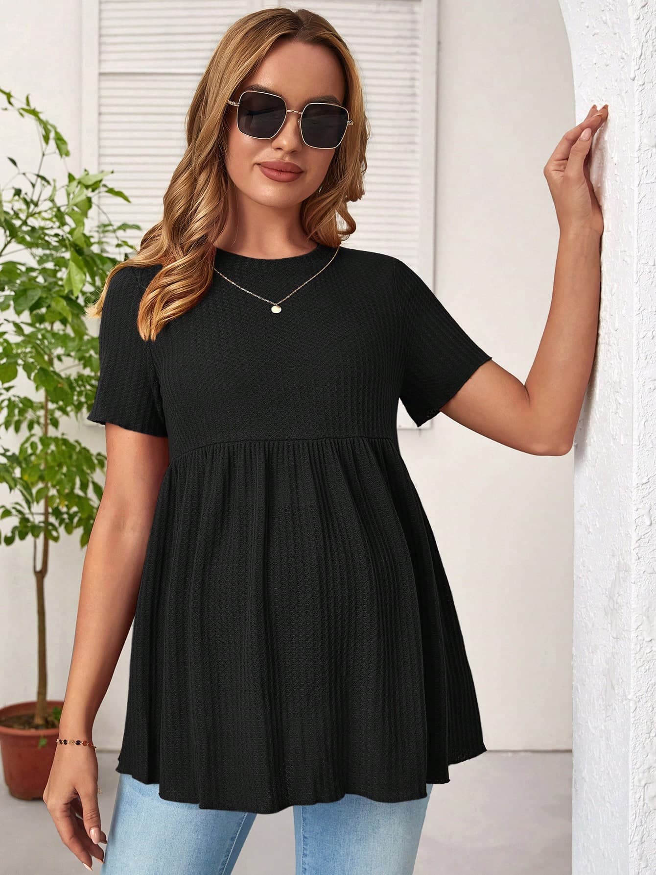 SHEIN Maternity Waffle Knit Peplum Tee