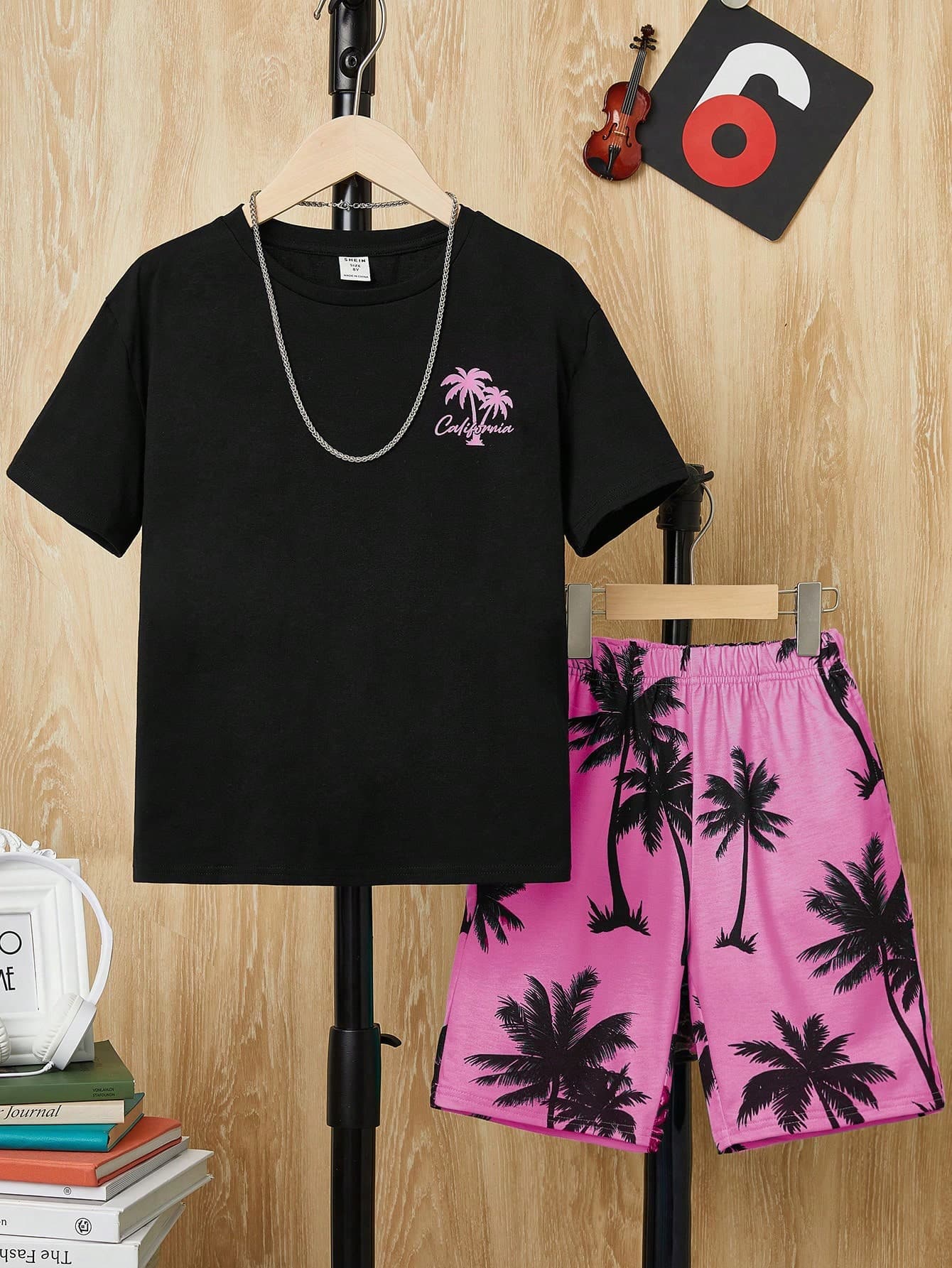 SHEIN Tween Boys' Coconut Tree Pattern Beach Style T-Shirt And Shorts