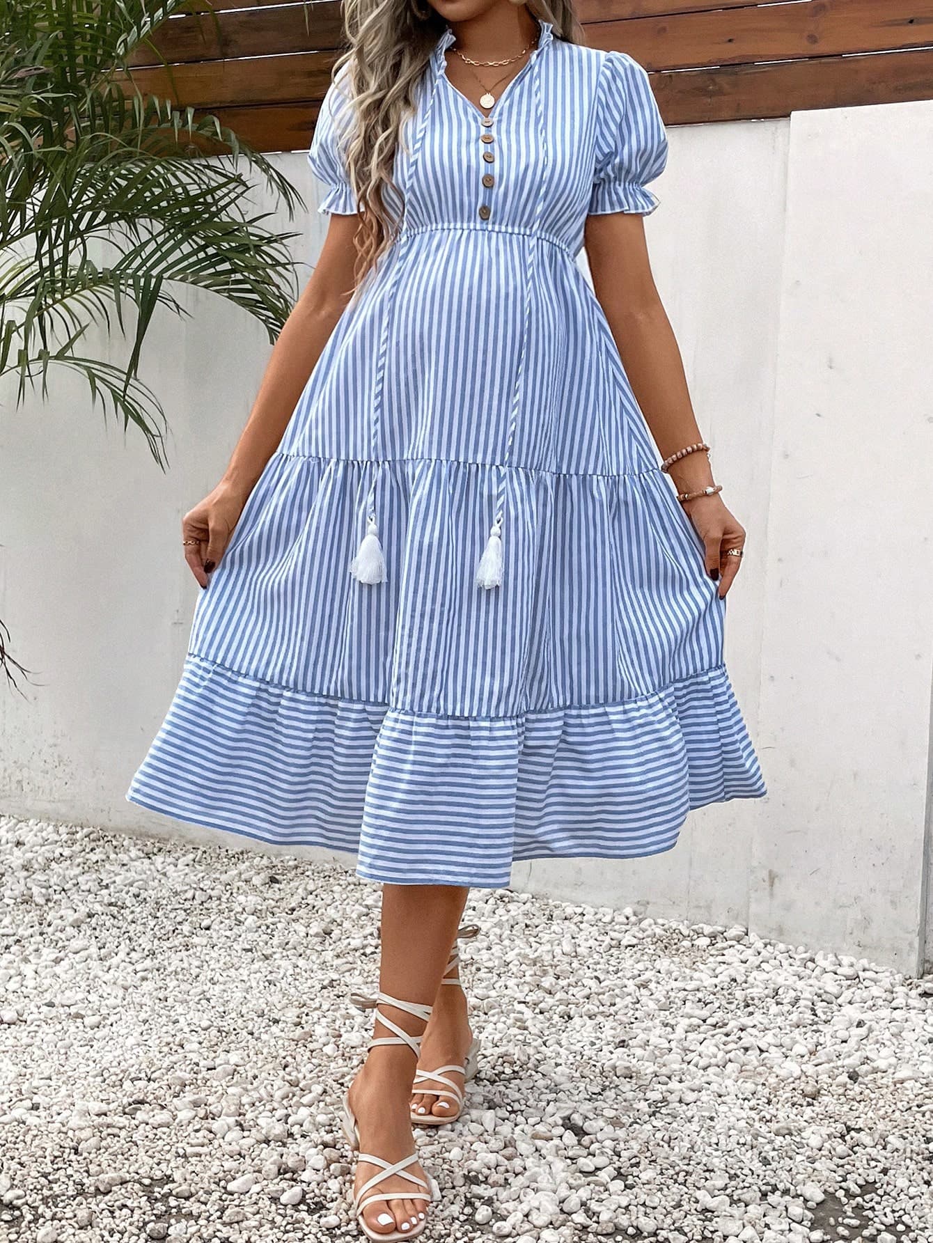 SHEIN Maternity Striped Print Tassel Tie Neck Ruffle Hem Dress