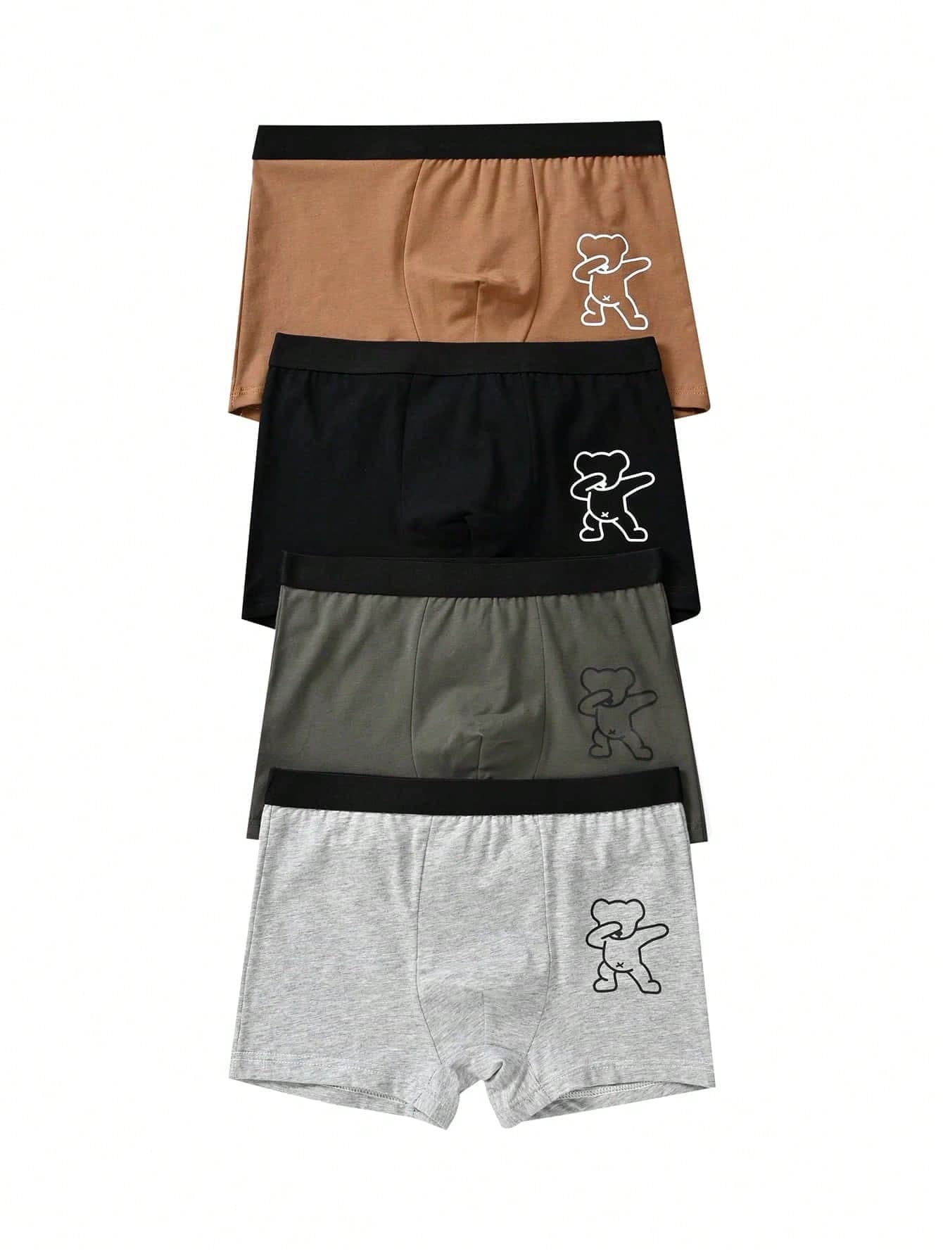 4pcs Tween Boy Cartoon Bear Printed Boxer Briefs Underwear