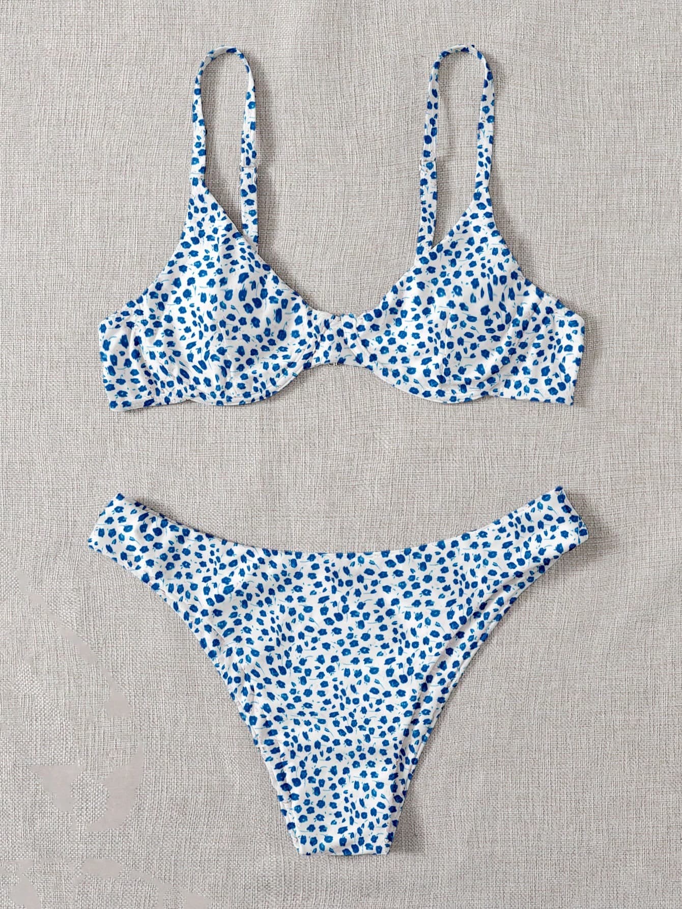 Swim Mod Summer Beach Ditsy Floral Print Underwire Bikini Set Matching Set