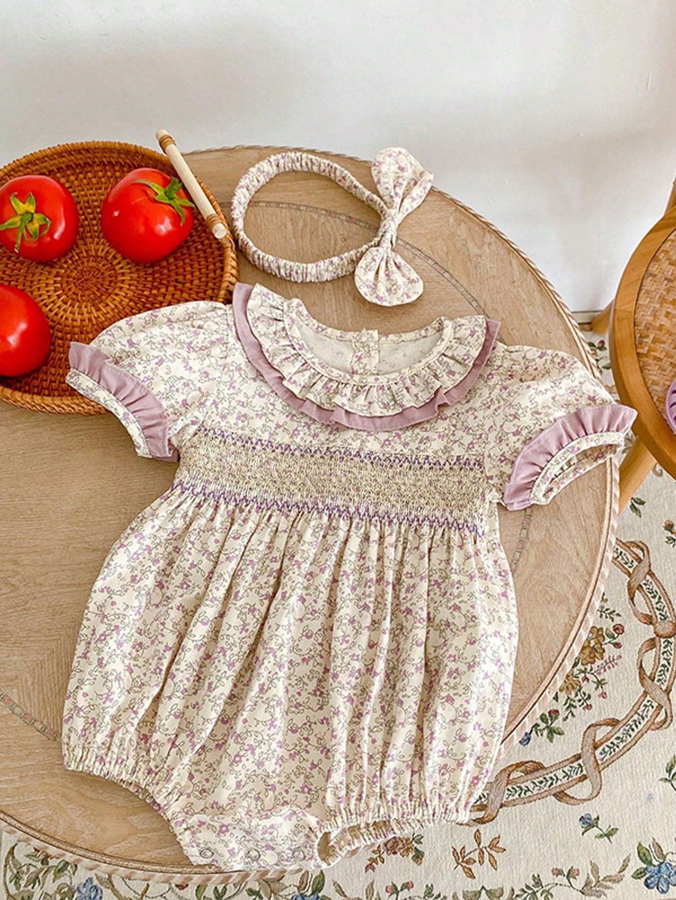 Baby Girl Floral Printed Ruffle Trim Short Sleeve Bodysuit