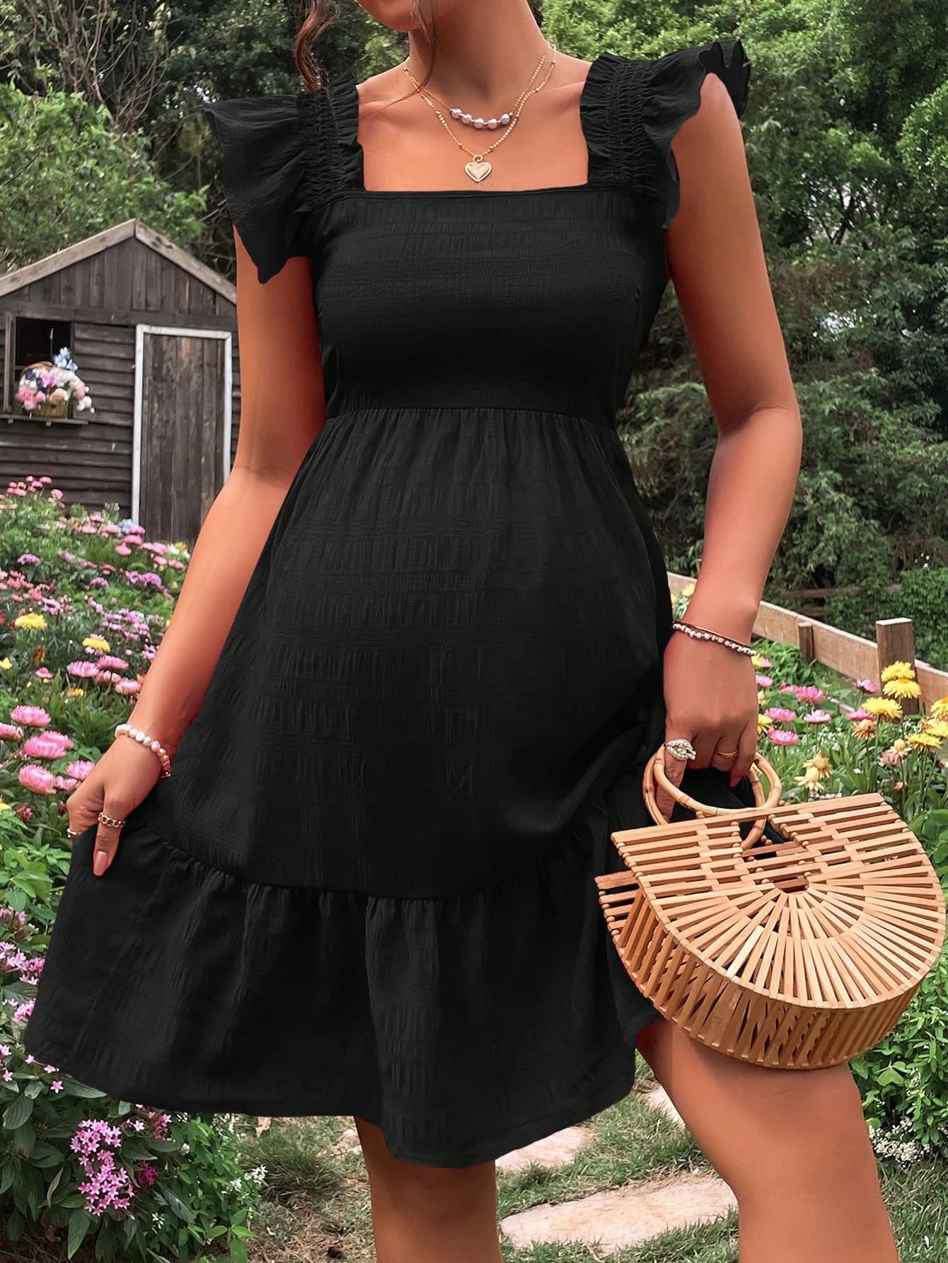 Lyckli Maternity Square Neck Ruffle Trim Dress