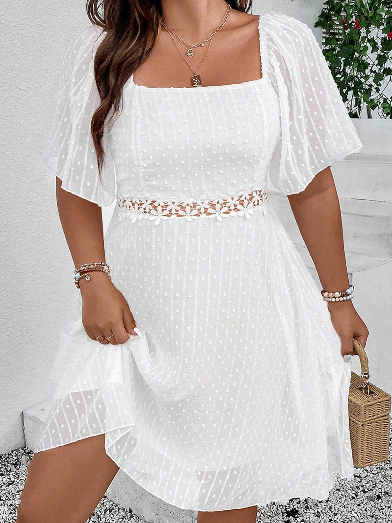 Vionelle Plus Swiss Dot Contrast Lace Square Neck Dress