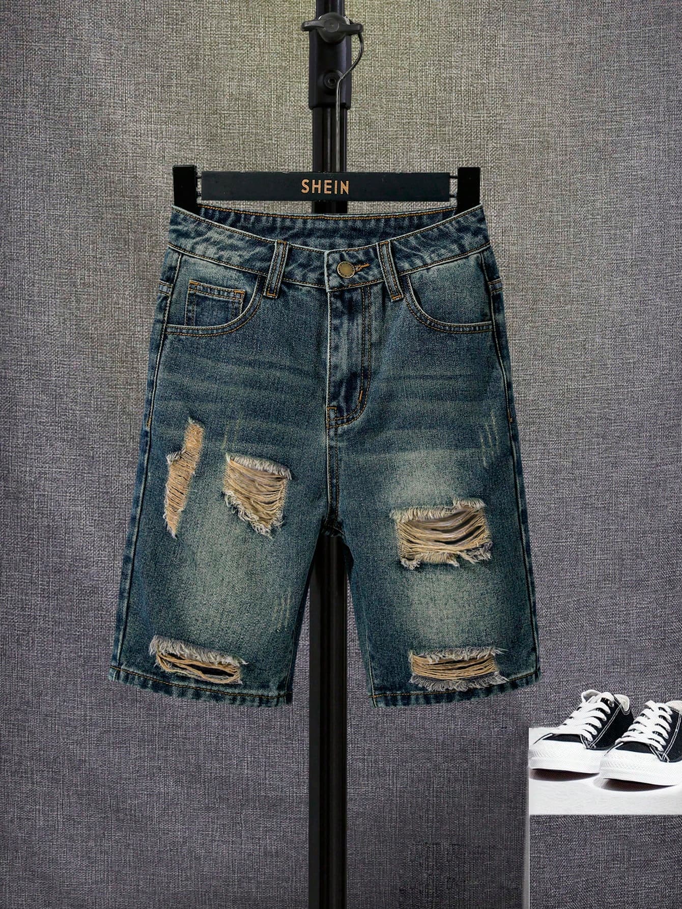 SHEIN Tween Boy Ripped Frayed Bleach Wash Denim Shorts