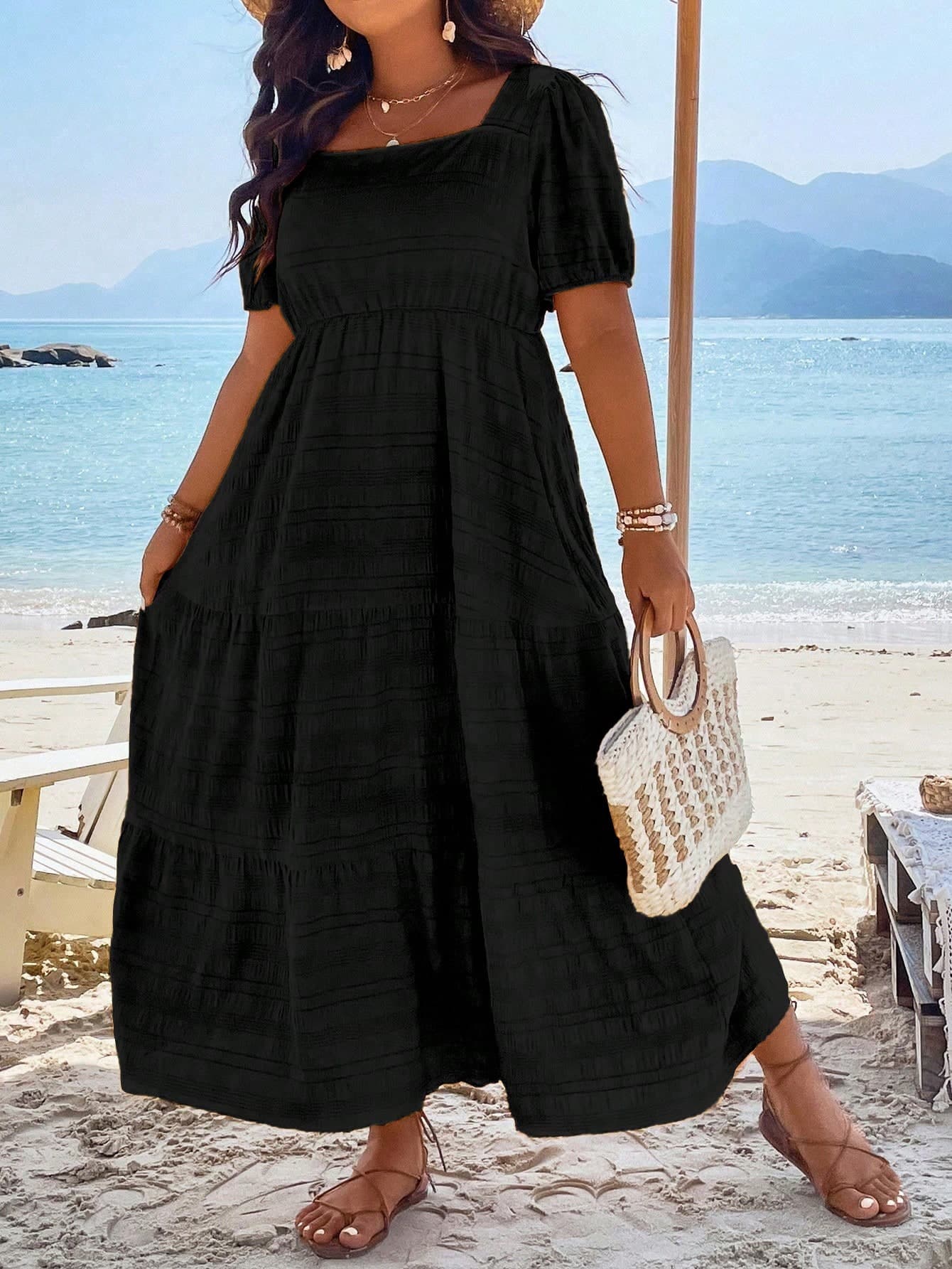 SHEIN Clasi Plus Square Neck Puff Sleeve Ruffle Hem Dress Maxi Women Outfit