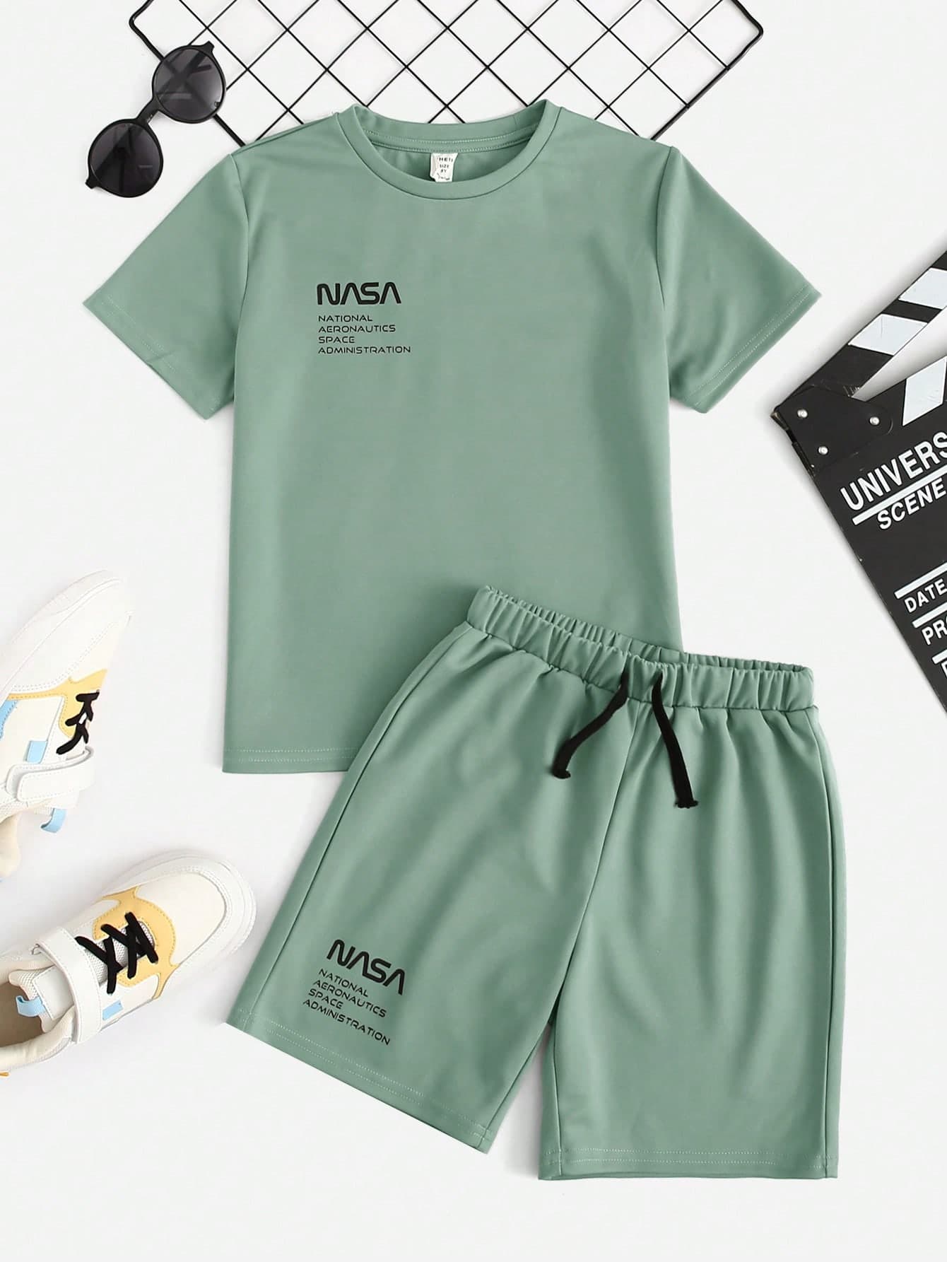 SHEIN Tween Boy Fresh Color Block Print Crew Neck Short Sleeve T-Shirt & Shorts