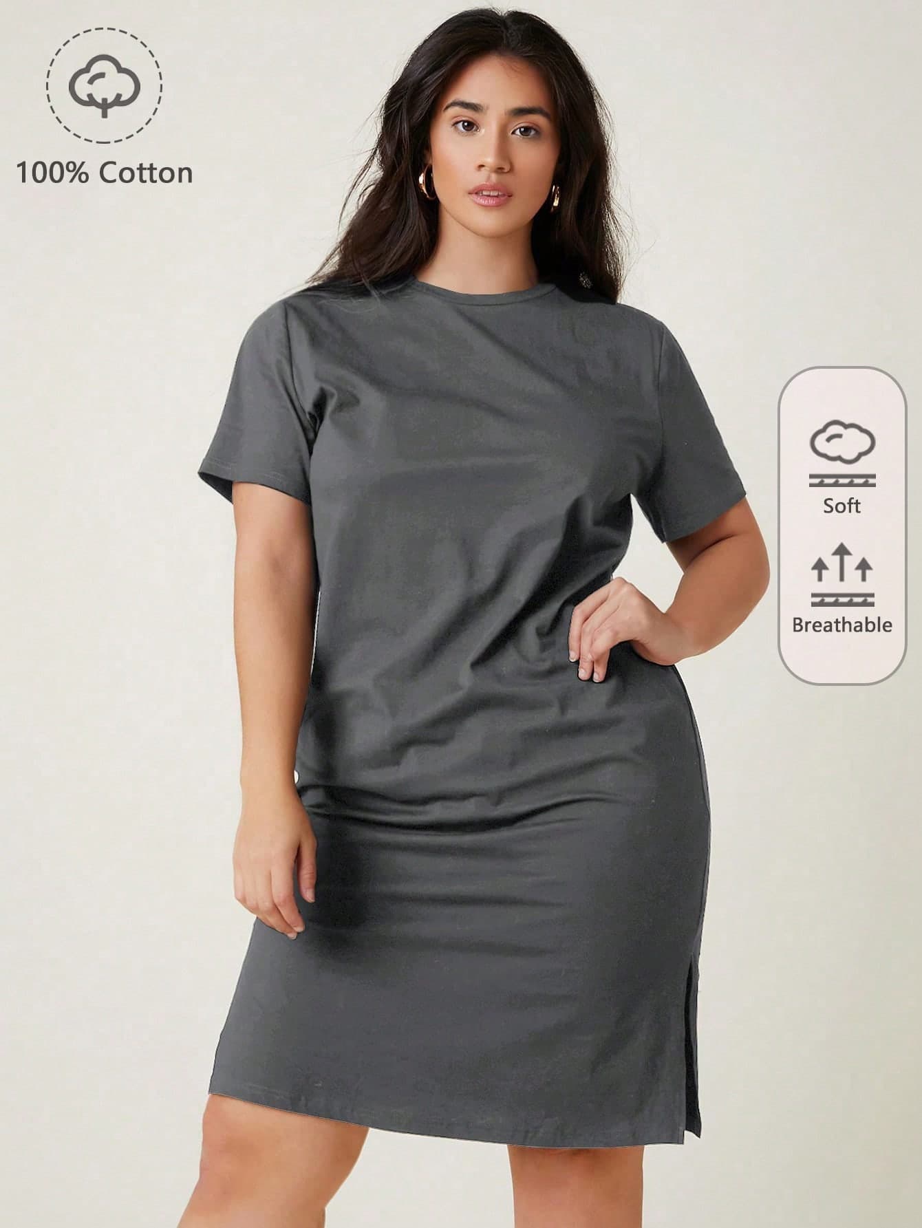 SHEIN BASICS Plus Solid Split Hem Tee Dress Summer Dress Summer Dresses For Women Summer Outfits For Women Elegant Dresses For Women Casual Women's Dresses