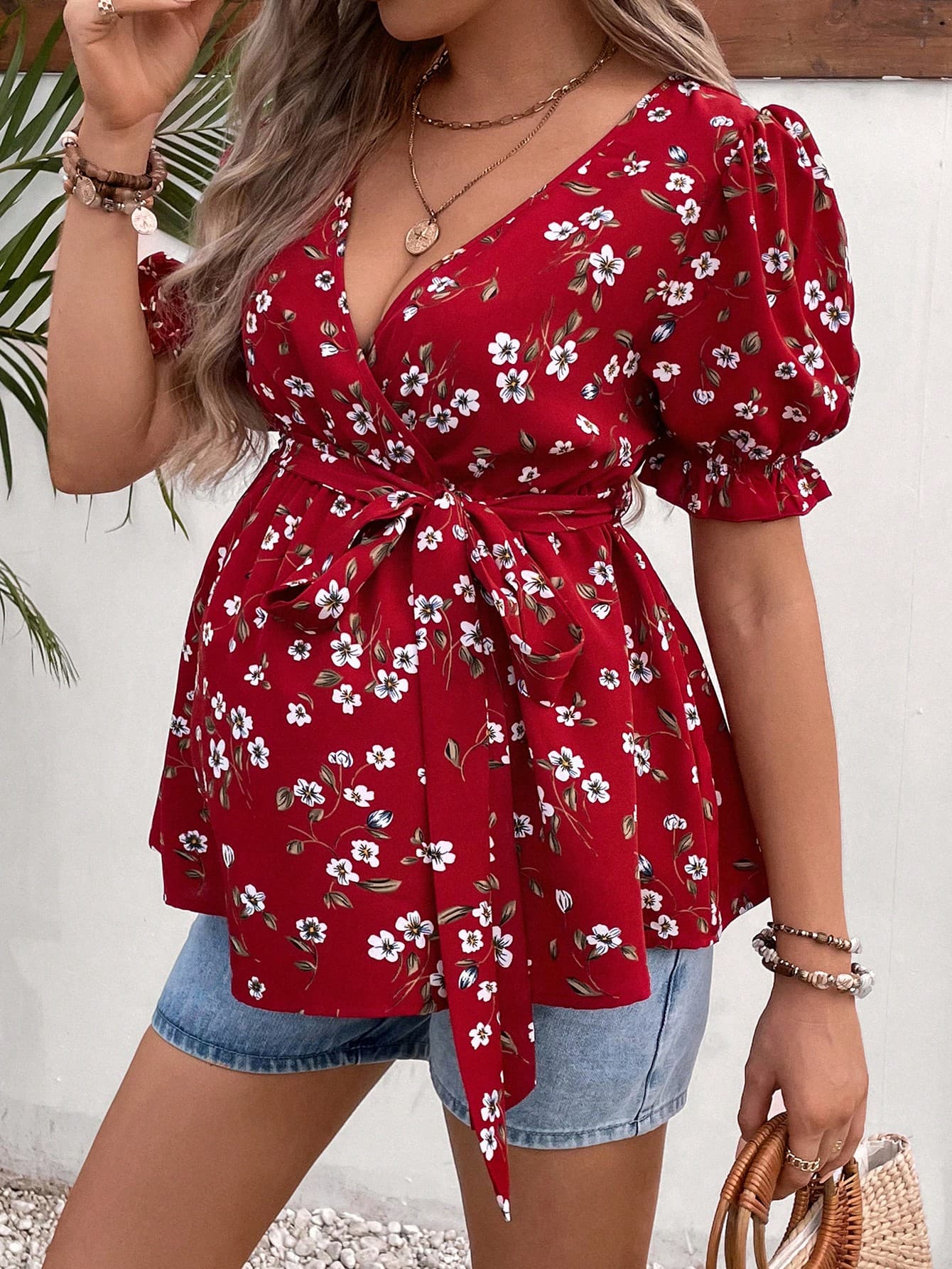SHEIN Maternity Ditsy Floral Print Puff Sleeve Belted Blouse