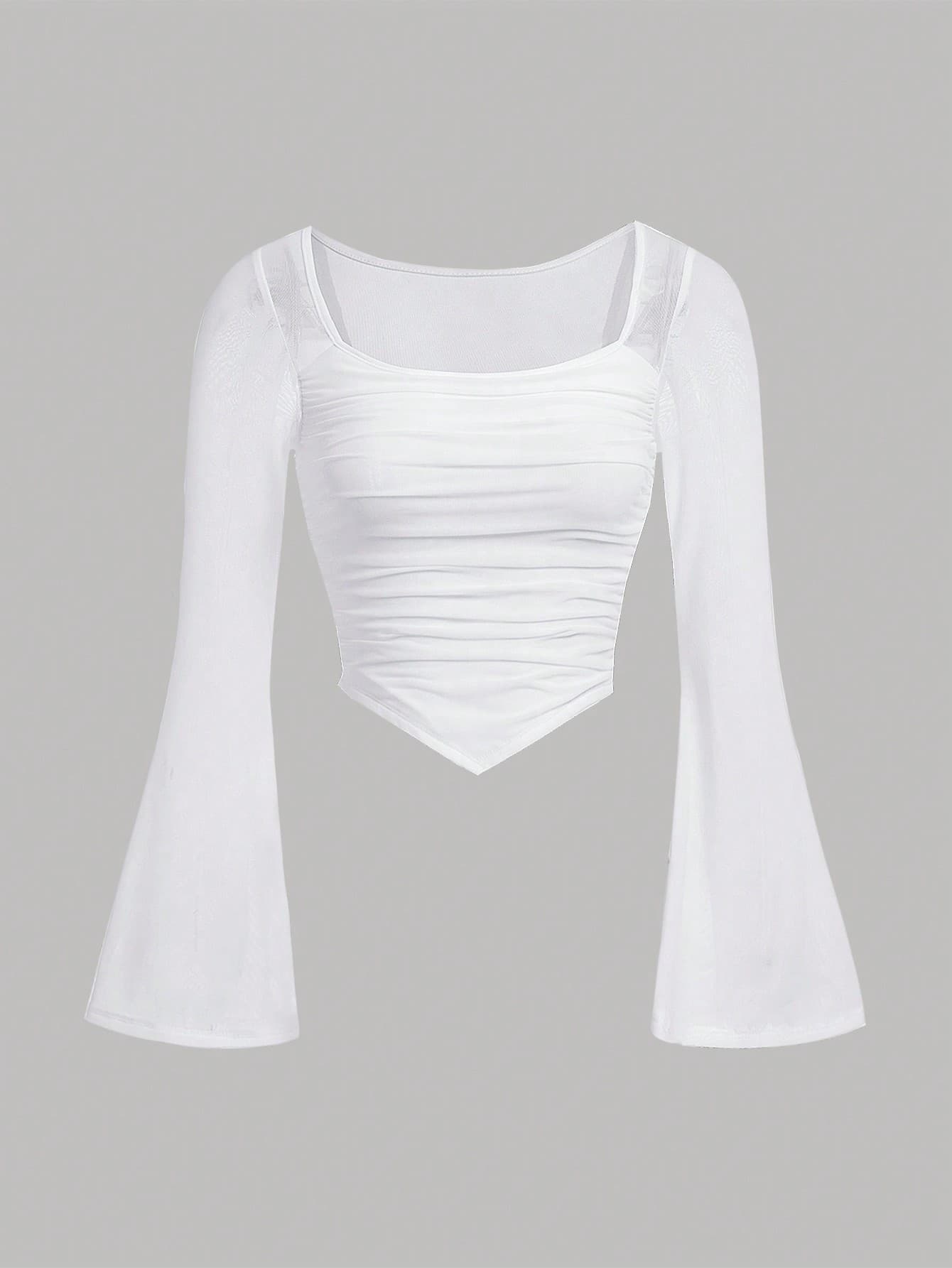 SHEIN Girlism Teen Girls' Solid Color Square Neck Puff Sleeve With Net Yarn Long Sleeve T-Shirt
