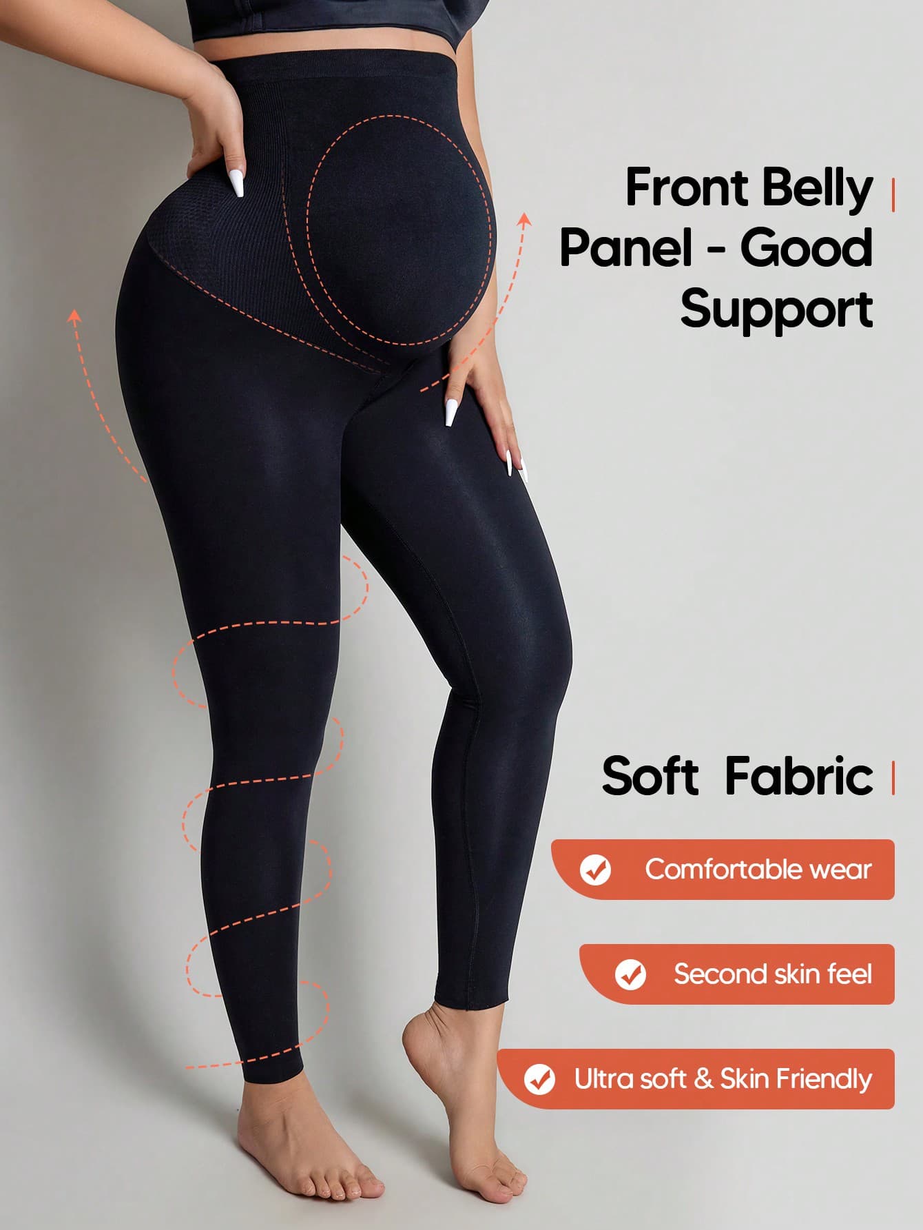 Maternity High Waisted Belly Support Leggings With Expandable Belly Panel Casual Black Spring
