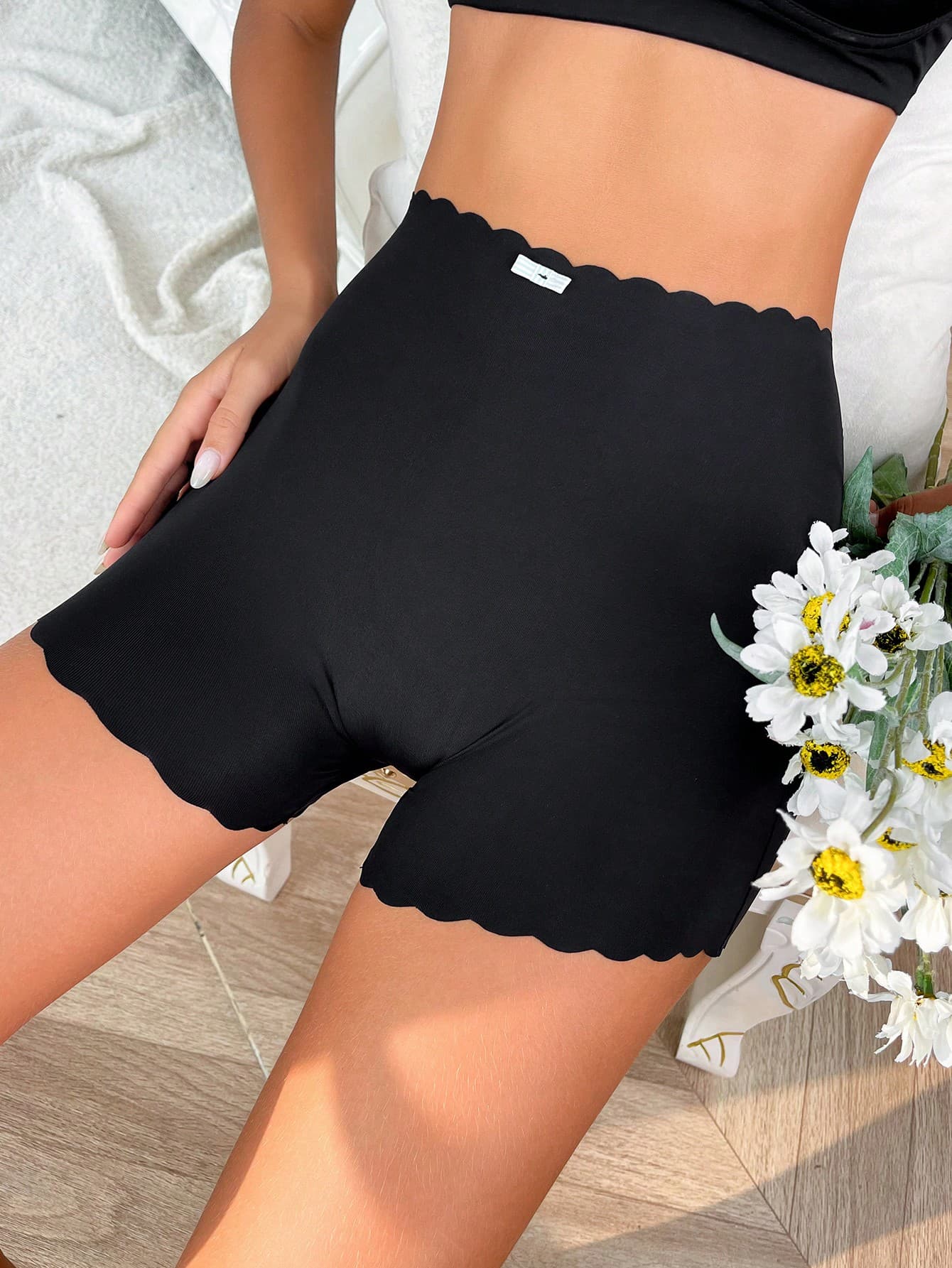 Women's Black High Stretch Scalloped Casual Comfy Boyshorts Underwear