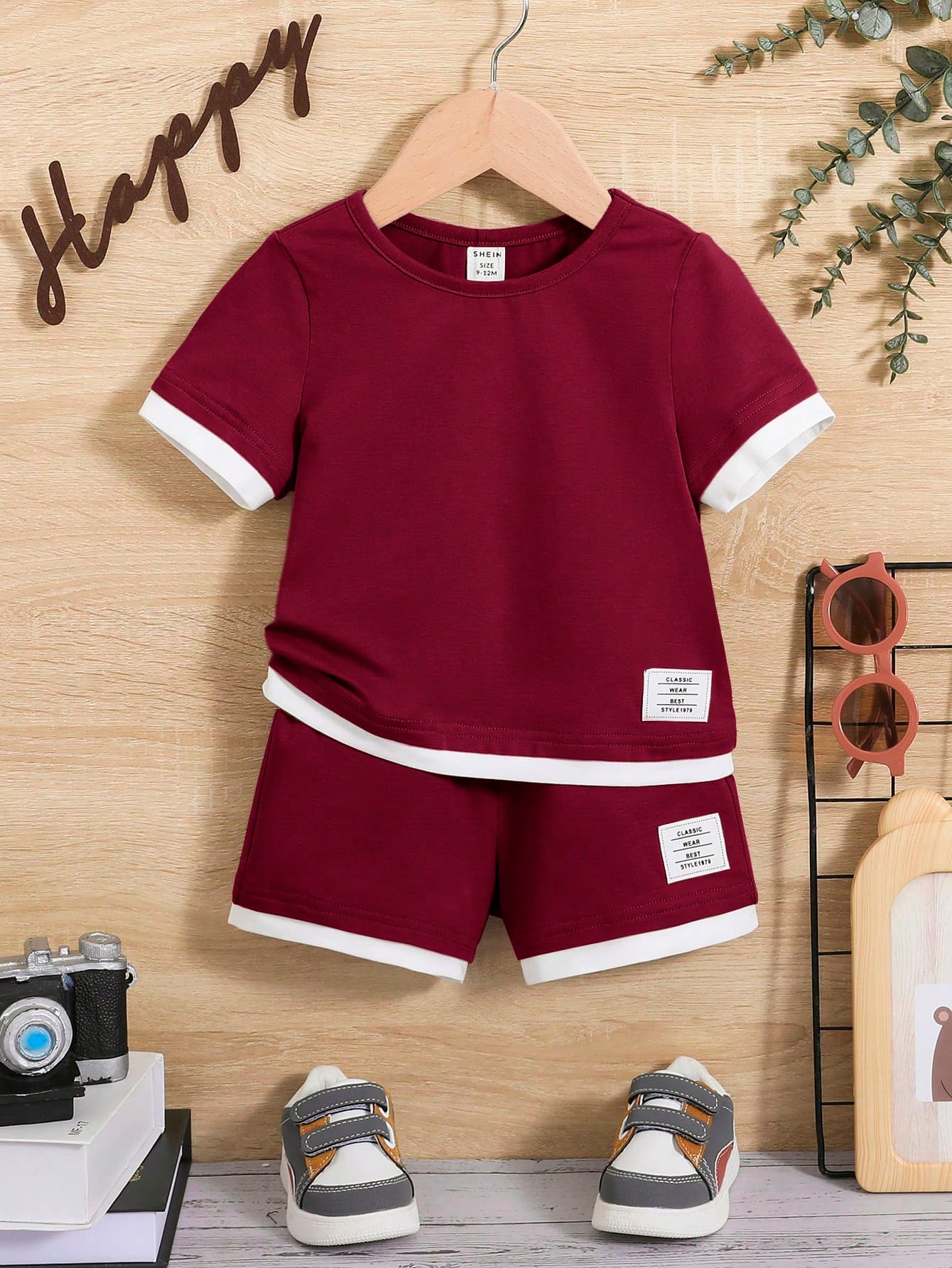Baby Boy Letter Patched Detail Contrast Trim Tee & Shorts,Kids