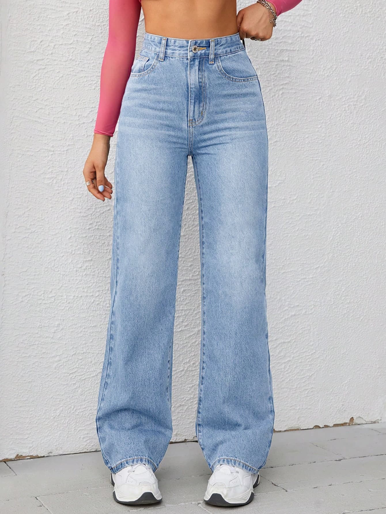 Women's High Waist Straight Leg Jeans,Slant Pocket Zipper Casual Light Wash Regular Fit Denim Pants,Aqua Blue,Summer,Casual,Streetwear,City Break