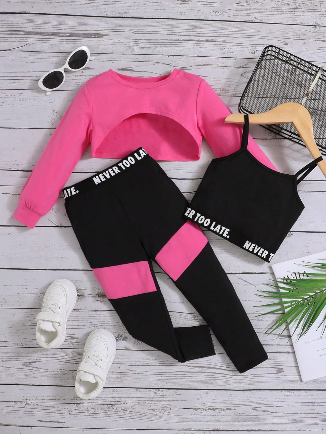 SHEIN Young Girl High Low Hem Top & Letter Graphic Cami Top & Colorblock Leggings