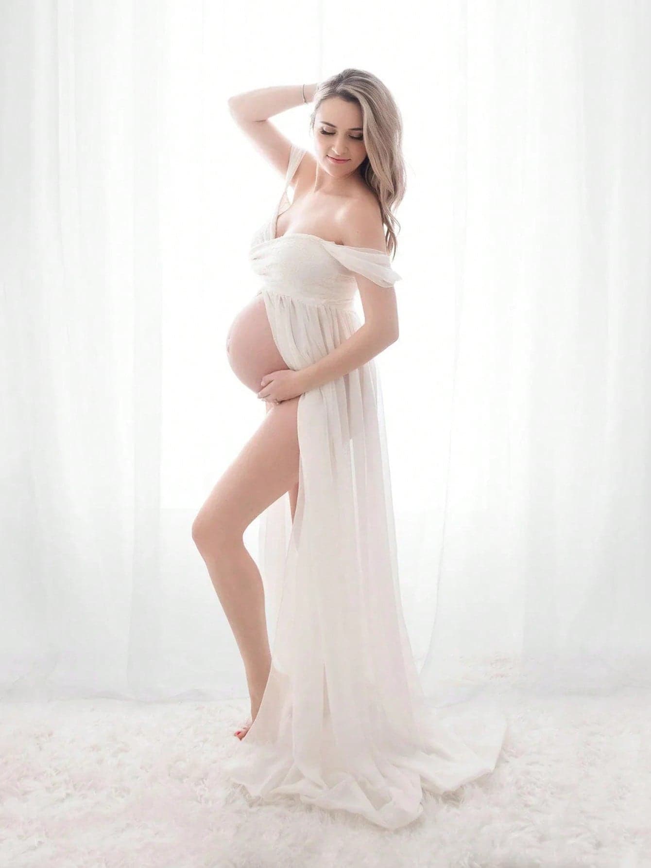 JustVH Maternity Off Shoulder Open Belly Split Front Tulle Lace Chiffon Maxi Photography Dress For Phoot Shoot Short Sleeve Flowy Pregnancy Gown White