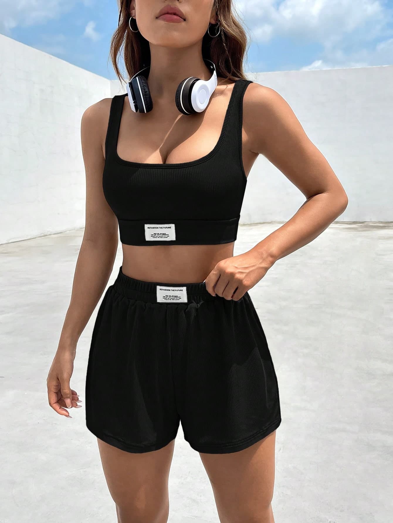 SHEIN EZwear Black Tight Letter Patched Detail Crop Tank Top & Slim Fit Shorts Summer Women's Two Pieces Set