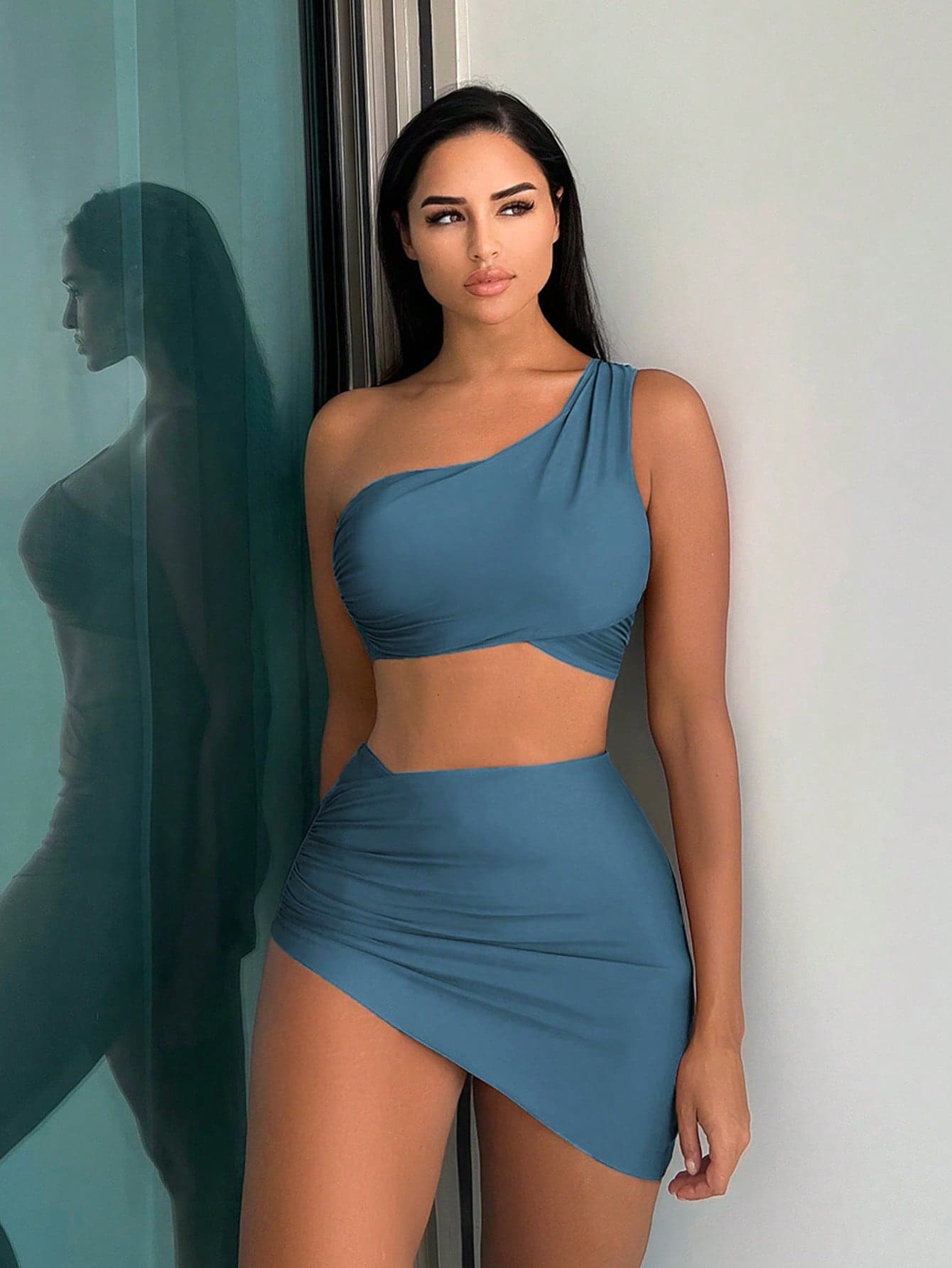 Swim Vcay Summer Beach Plain One Shoulder Bikini Set With Beach Skirt