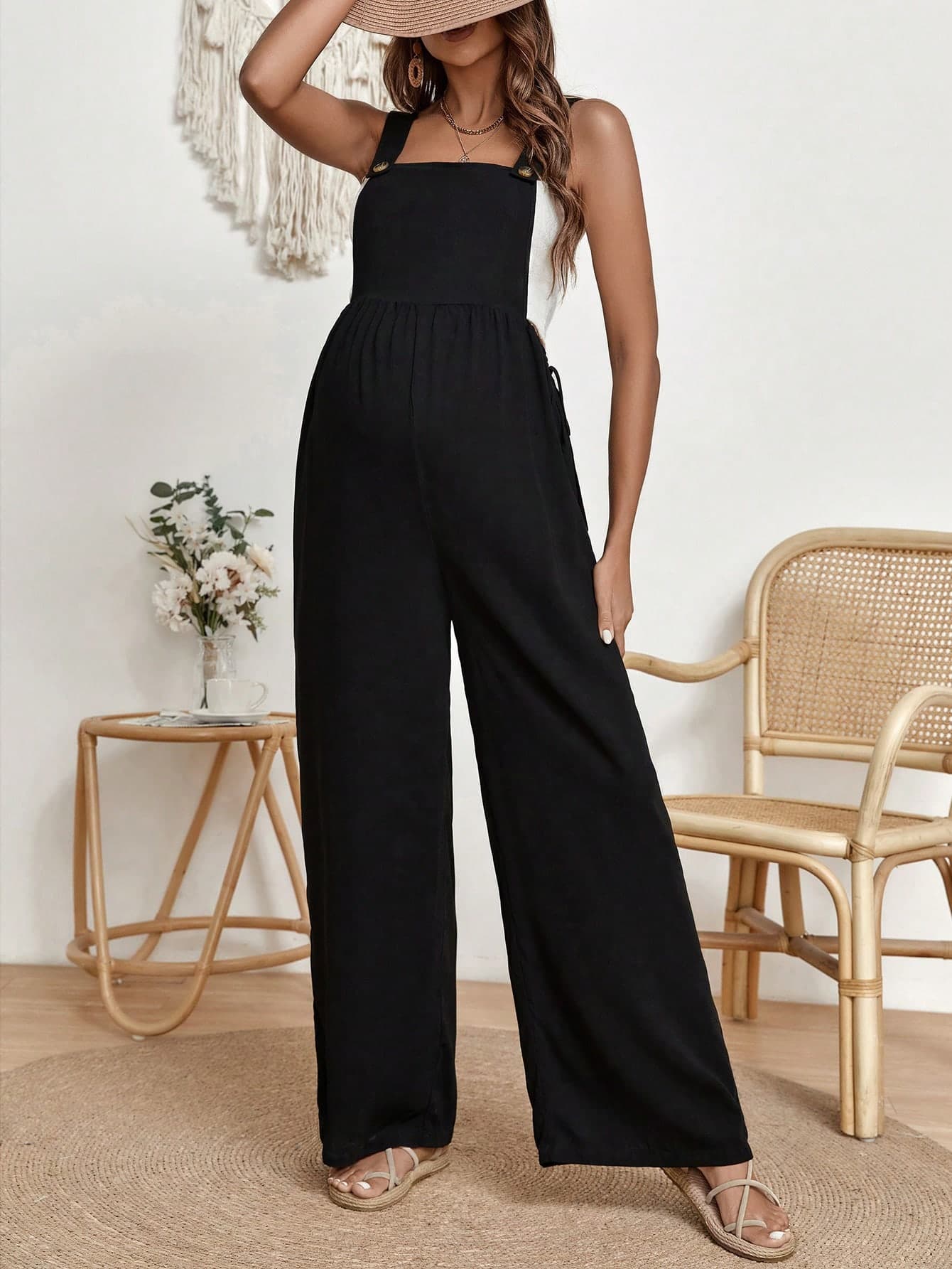SHEIN Maternity Solid Wide Leg Overall Jumpsuit Fall