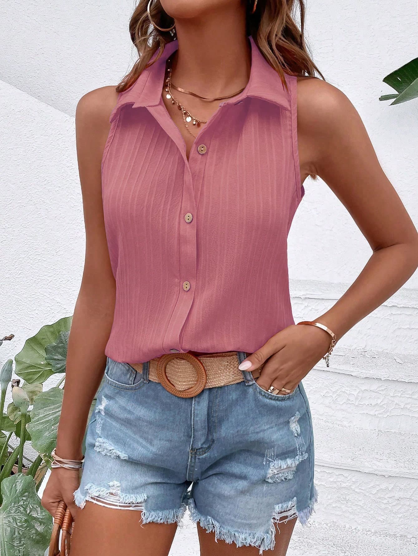 Breezaya Solid Button Front Sleeveless Shirt