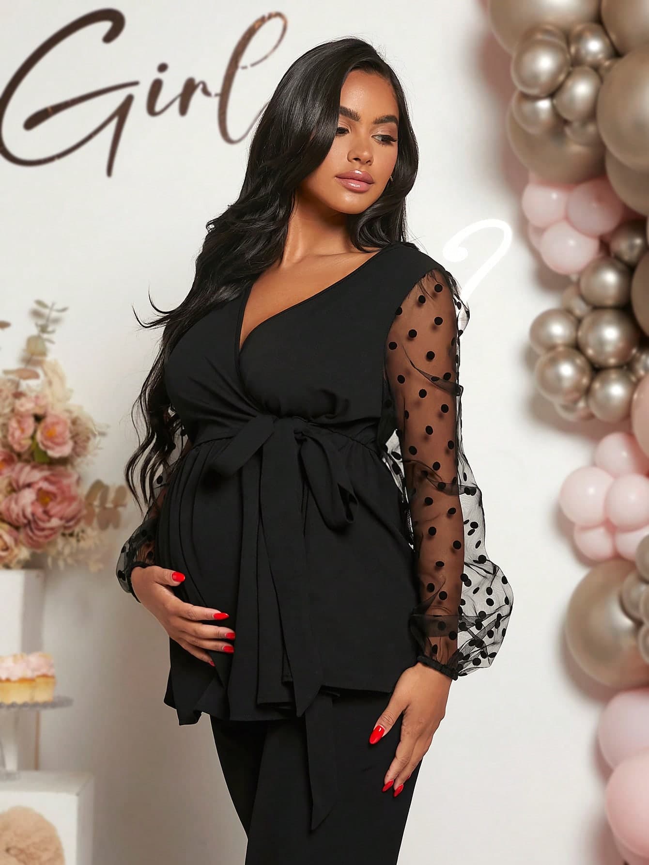 Loomaby Maternity Wrap Knotted Polka Dot Mesh Patchwork Long Sleeve Fashionable Blouse, Suitable For Baby Shower Gifts Fall