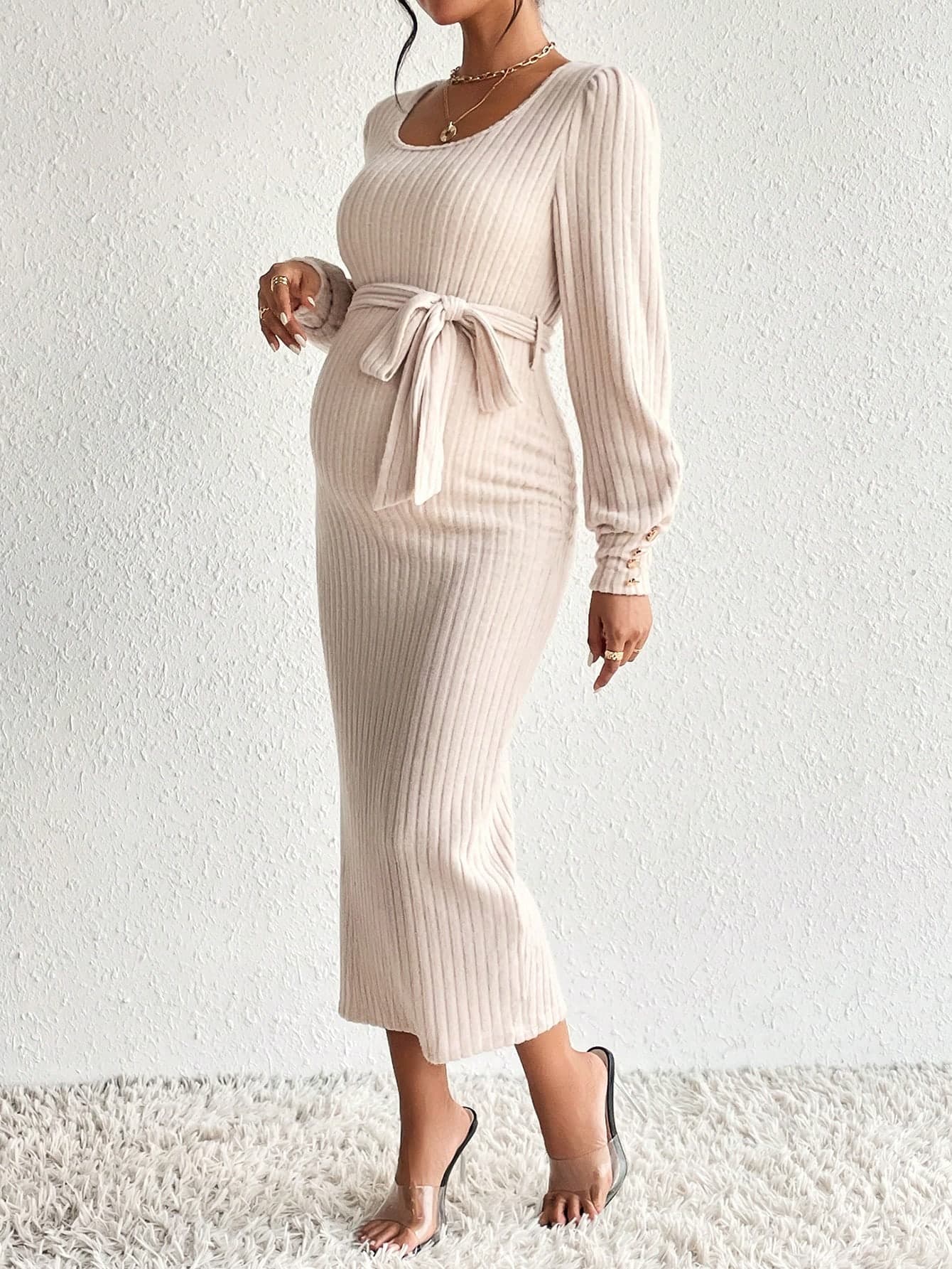 SHEIN Maternity Scoop Neck Belted Bodycon Dress With Long Sleeve Fall