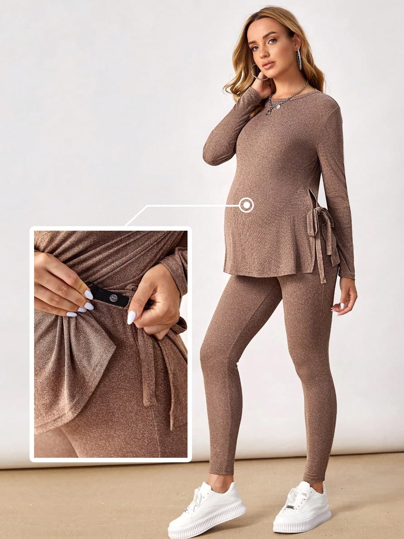 SHEIN Maternity Solid Knot Side Long Sleeve Tee & Adjustable World Cup Waist Leggings Fall