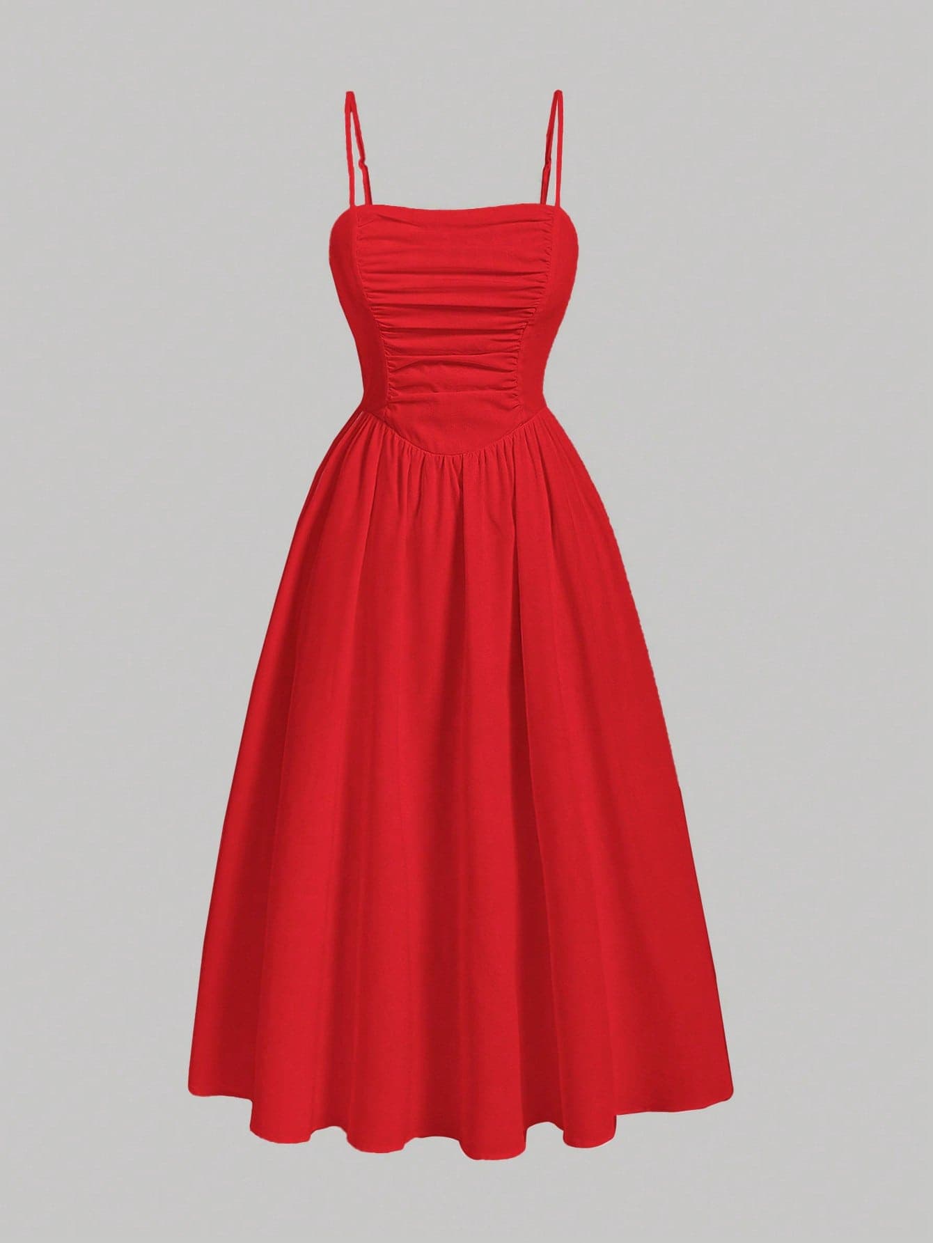 SHEIN MOD Red Summer 1960s Vintage Elegant Party Maxi Dress With Ruched Bodice,Spaghetti Straps,Flowing A-Line Silhouette,Formal Wedding Guest Evening Gown