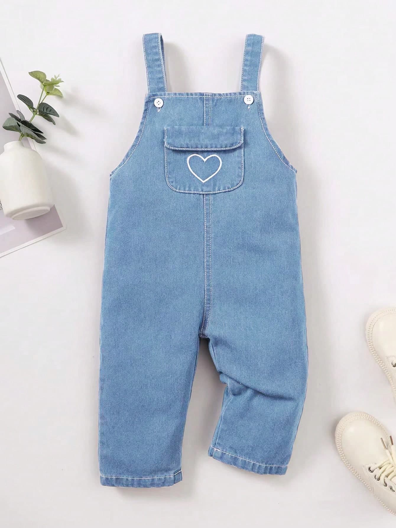 SHEIN Playful Pals Baby Girl Heart Embroidery Flap Pocket Denim Overall