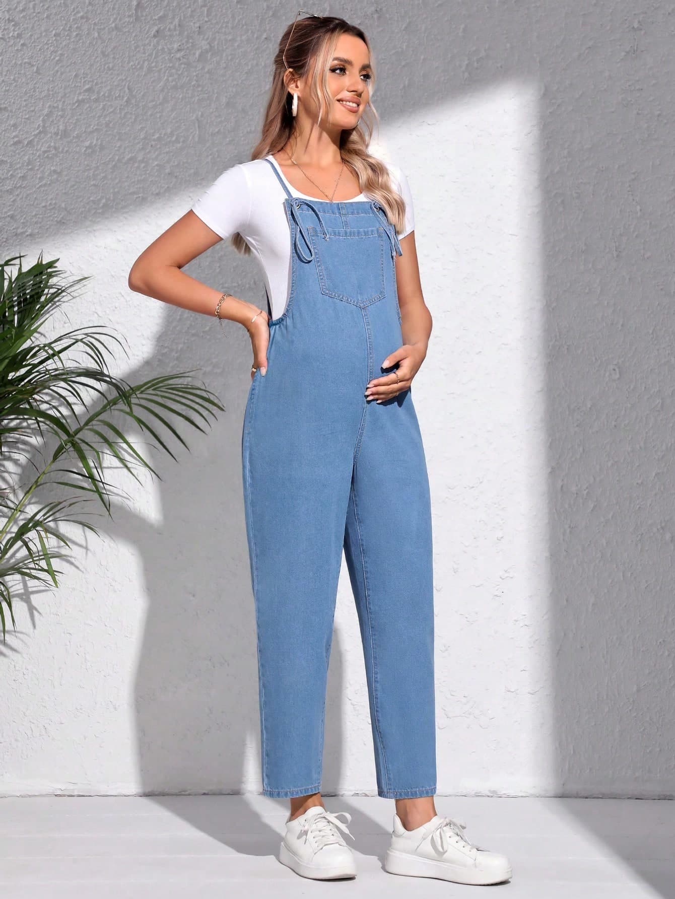 SHEIN Maternity Patched Pocket Denim Overalls Without Tee
