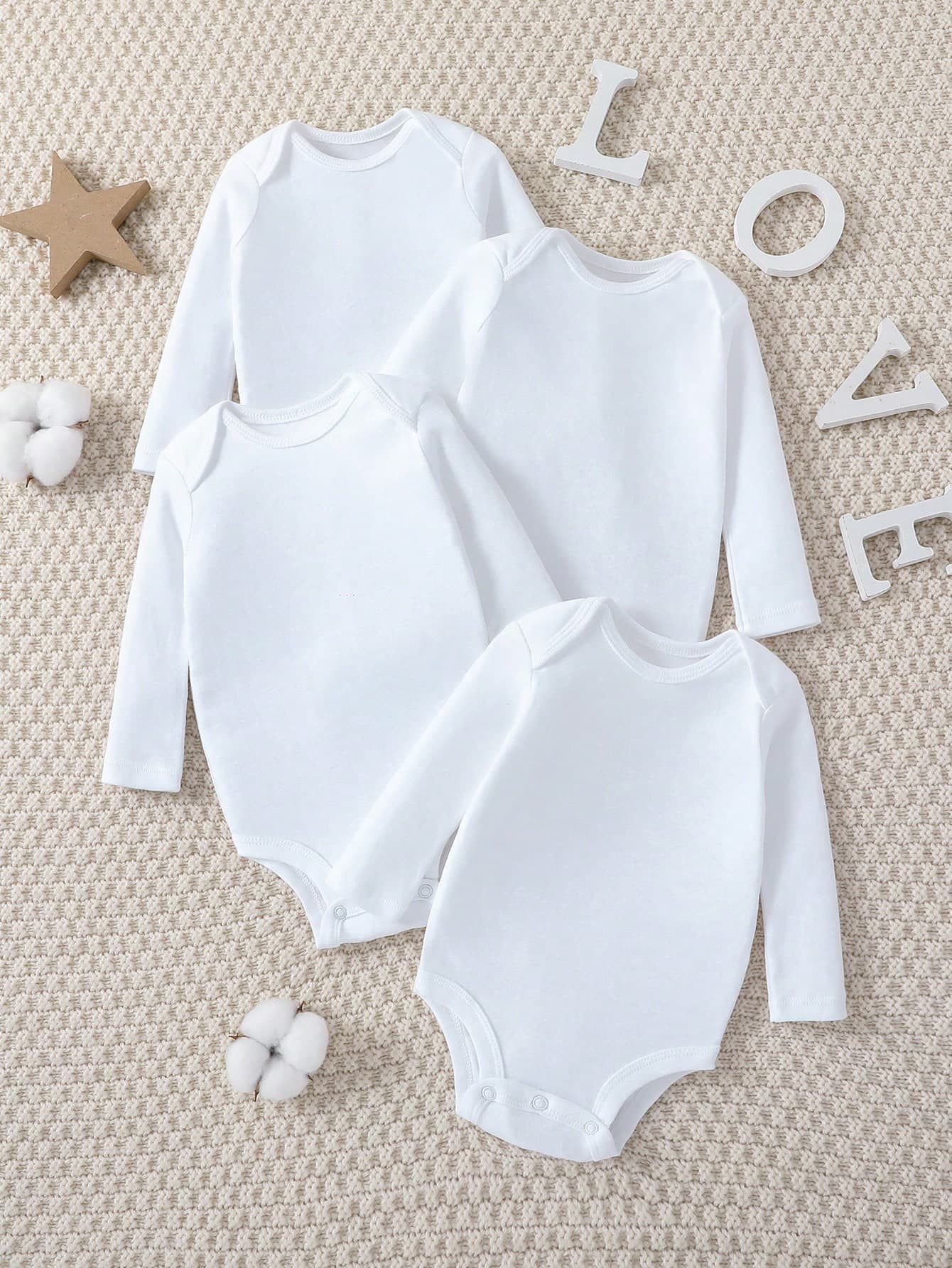 SHEIN Playful Pals 4pcs/Pack Newborn Baby Girl White Bodysuit Set,Autumn Basic Wearable Essential Tops,Solid Color Practical And Versatile Four-Piece Tops Set